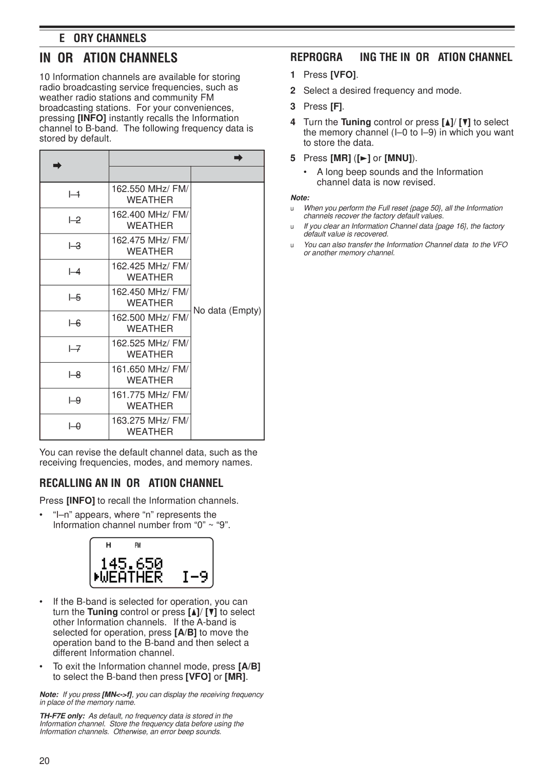 Kenwood TH-F7E Information Channels, Recalling AN Information Channel, Reprogramming the Information Channel, Weather 