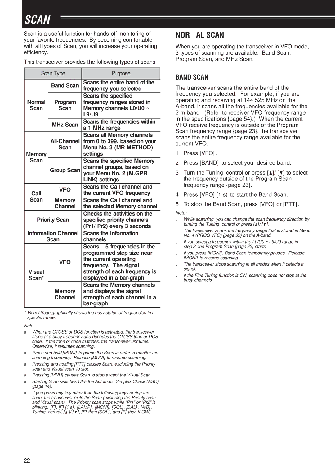 Kenwood TH-F7E, TH-F6A instruction manual Normal Scan, Band Scan, Scan Type Purpose, Vfo 