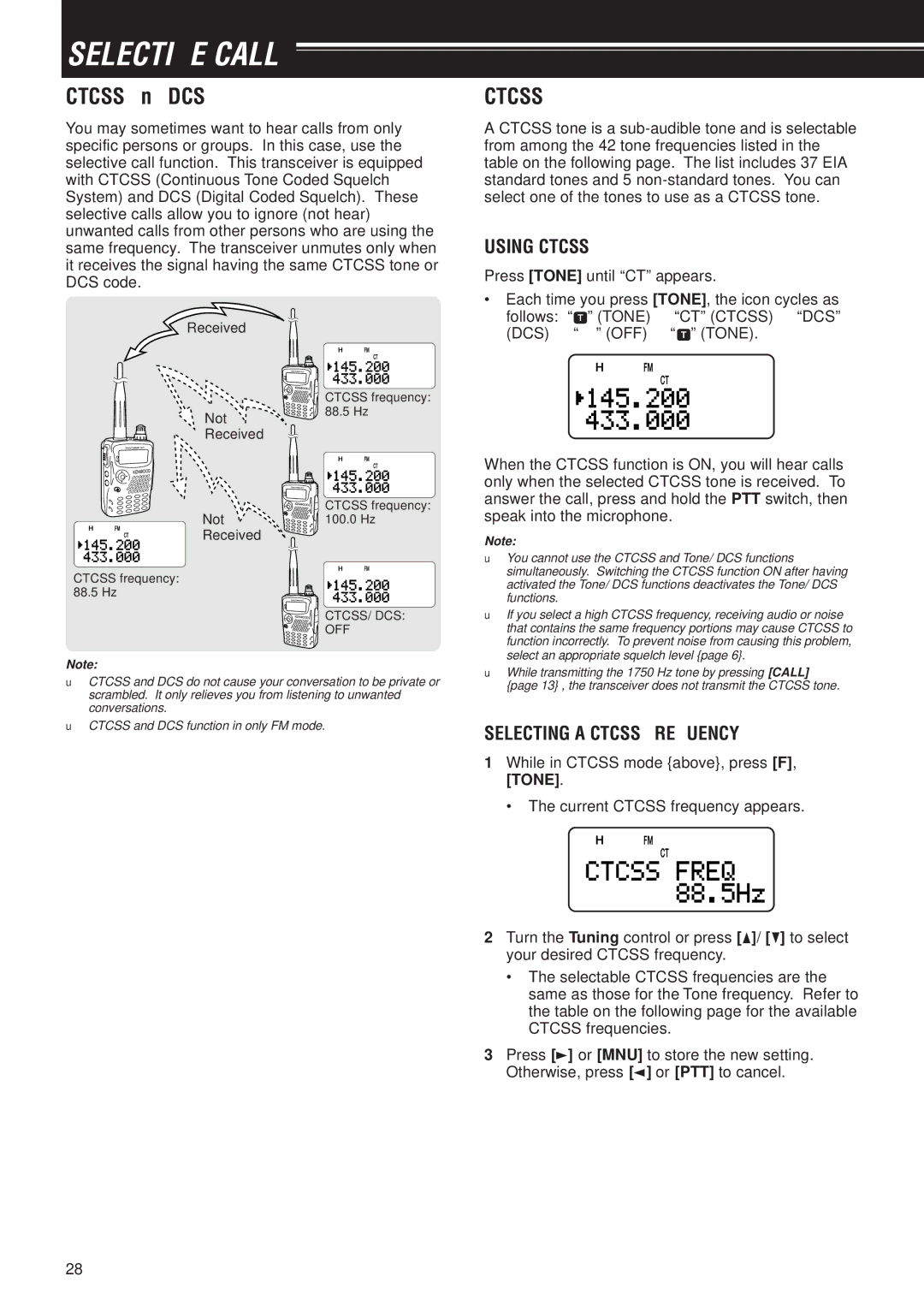 Kenwood TH-F7E, TH-F6A instruction manual Selective Call, Using Ctcss, Selecting a Ctcss Frequency 