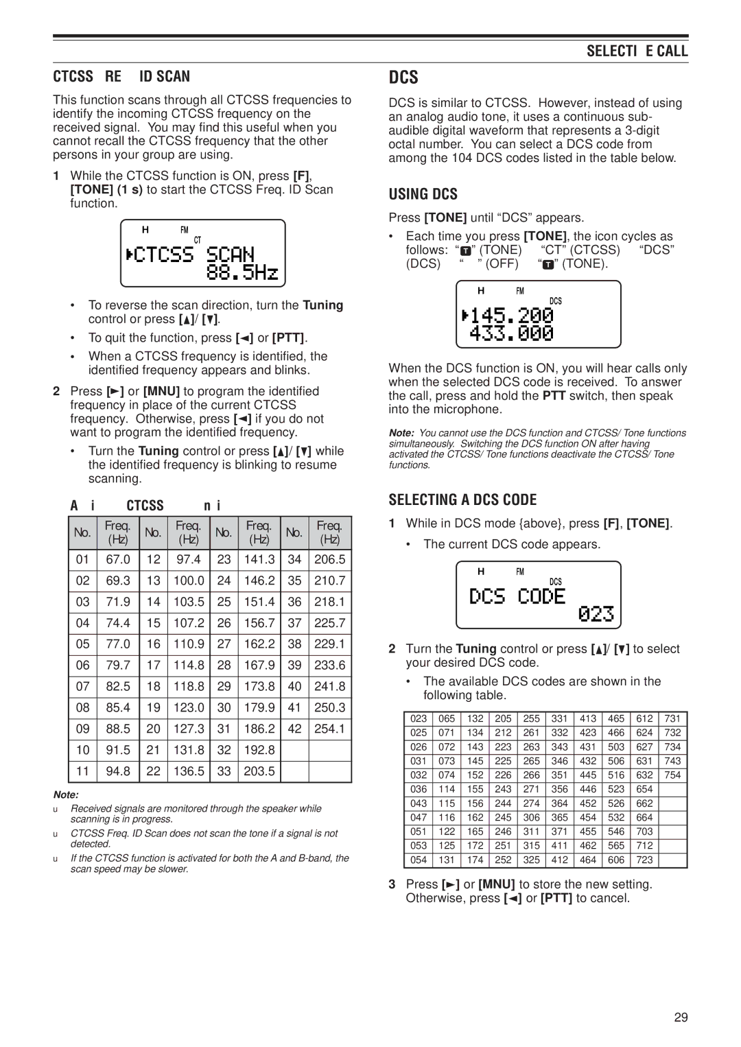 Kenwood TH-F6A Dcs, Selective Call Ctcss FREQ. ID Scan, Using DCS, Selecting a DCS Code, Available Ctcss frequencies 