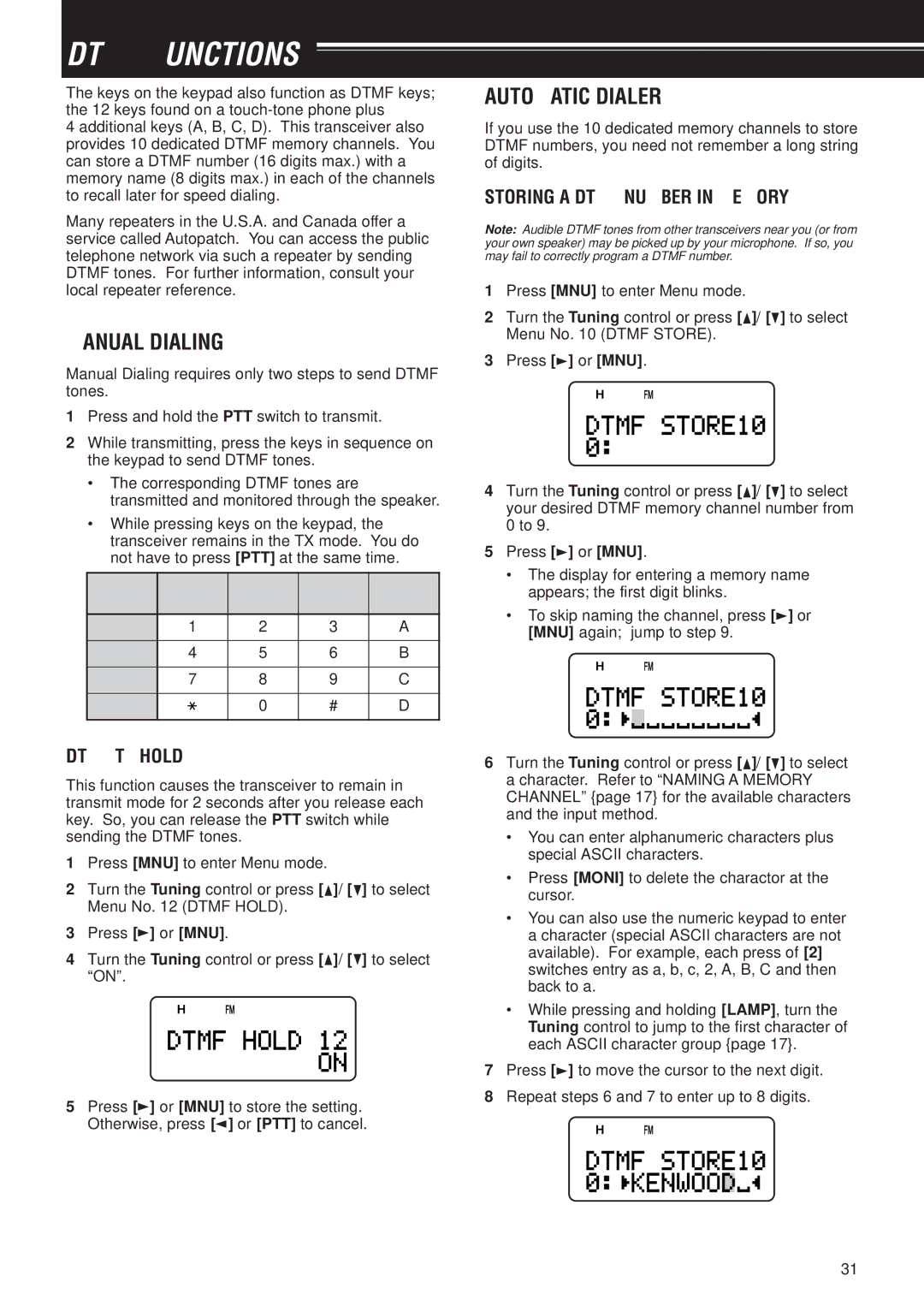 Kenwood TH-F6A, TH-F7E Dtmf Functions, Manual Dialing, Automatic Dialer, Dtmf TX Hold, Storing a Dtmf Number in Memory 