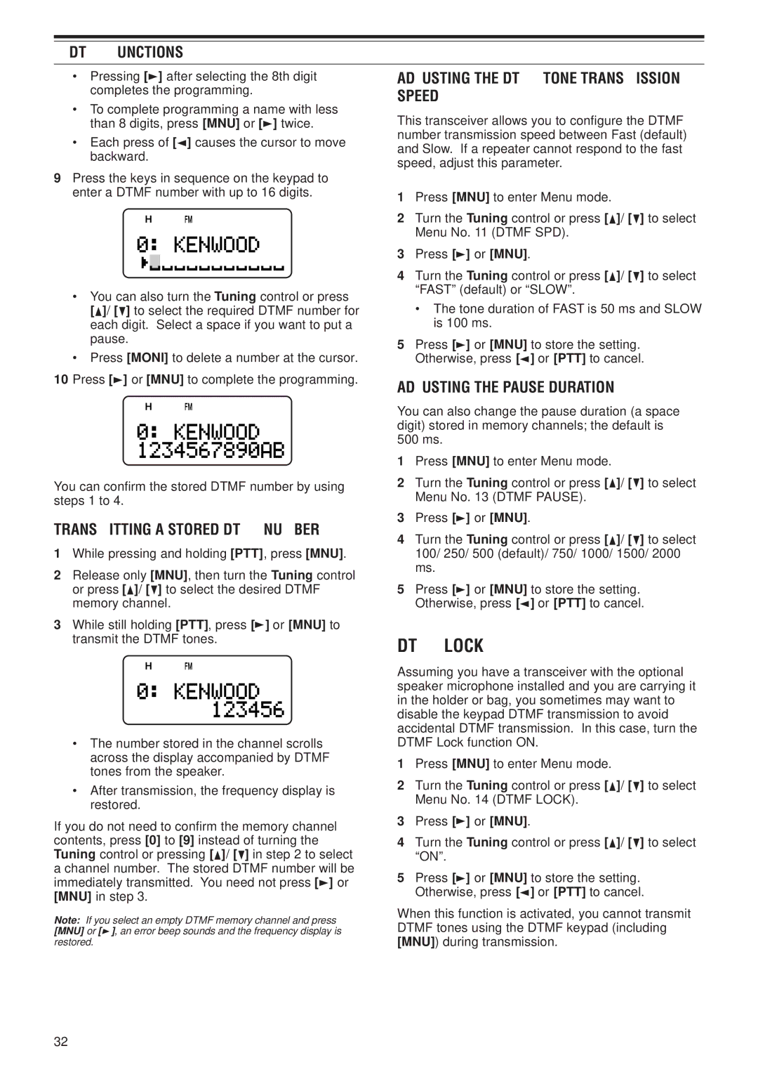 Kenwood TH-F7E Dtmf Lock, Dtmf Functions, Transmitting a Stored Dtmf Number, Adjusting the Dtmf Tone Transmission Speed 