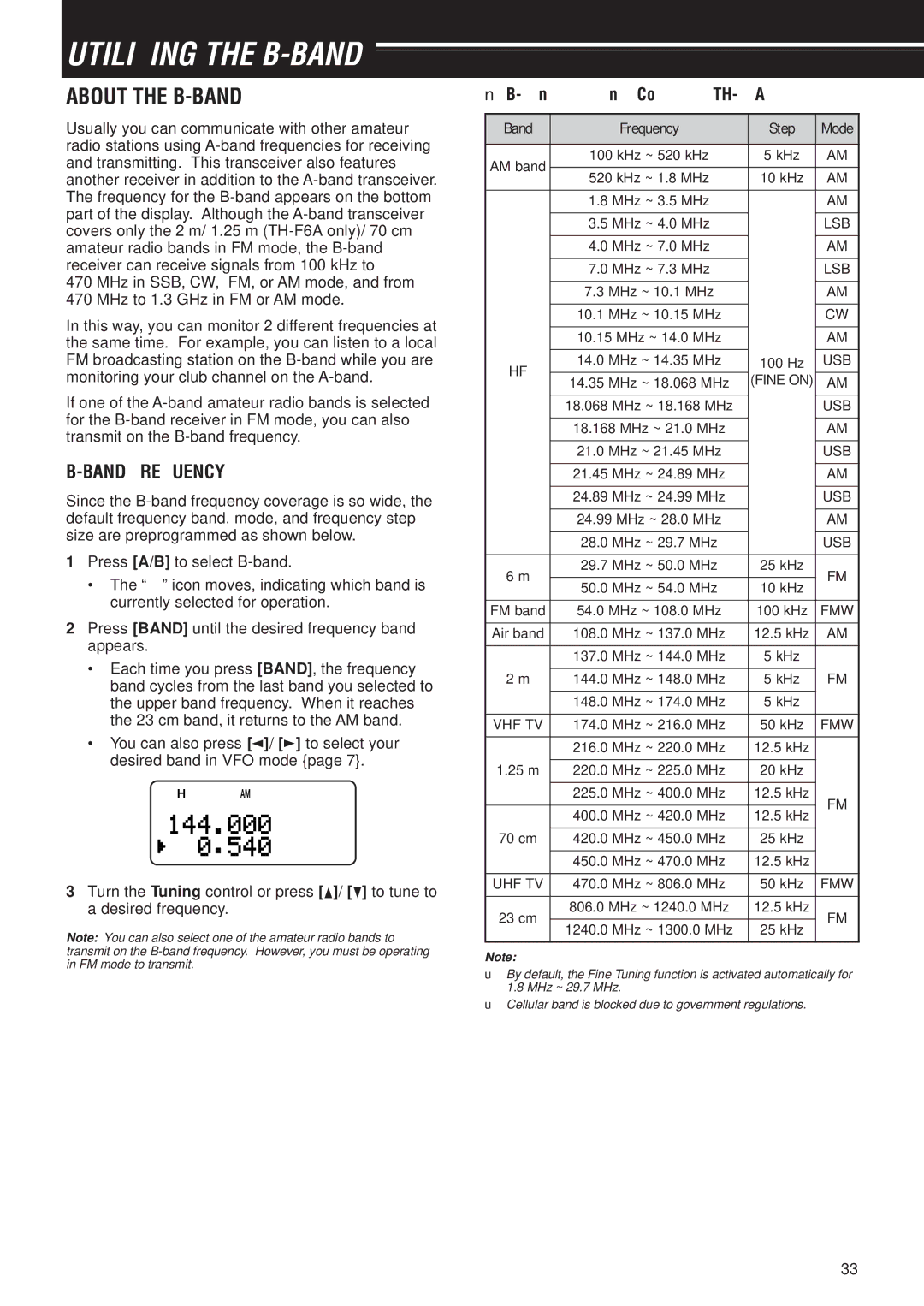 Kenwood TH-F7E instruction manual Utilizing the B-BAND, About the B-BAND, Band Frequency Coverage TH-F6A 