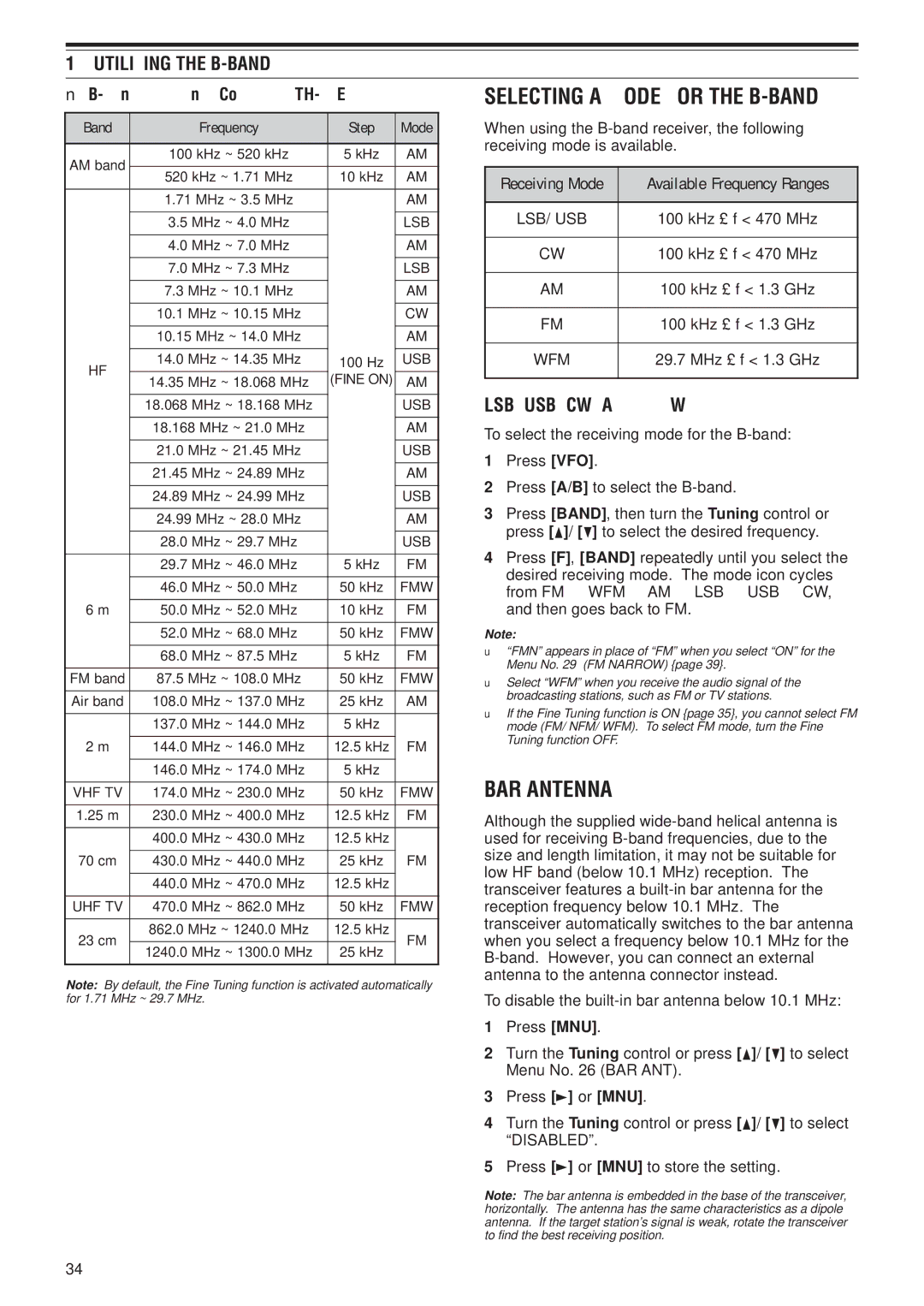 Kenwood TH-F7E, TH-F6A Selecting a Mode for the B-BAND, BAR Antenna, Utilizing the B-BAND, Lsb/ Usb/ Cw/ Am/ Fm/ Wfm 