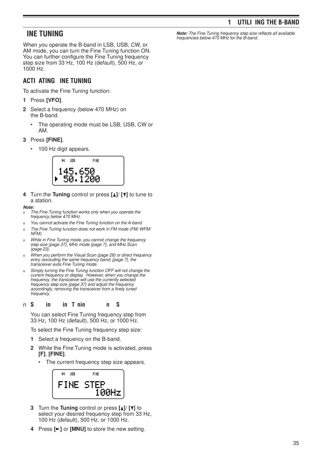 Kenwood TH-F6A, TH-F7E instruction manual Activating Fine Tuning, Selecting a Fine Tuning Frequency Step 