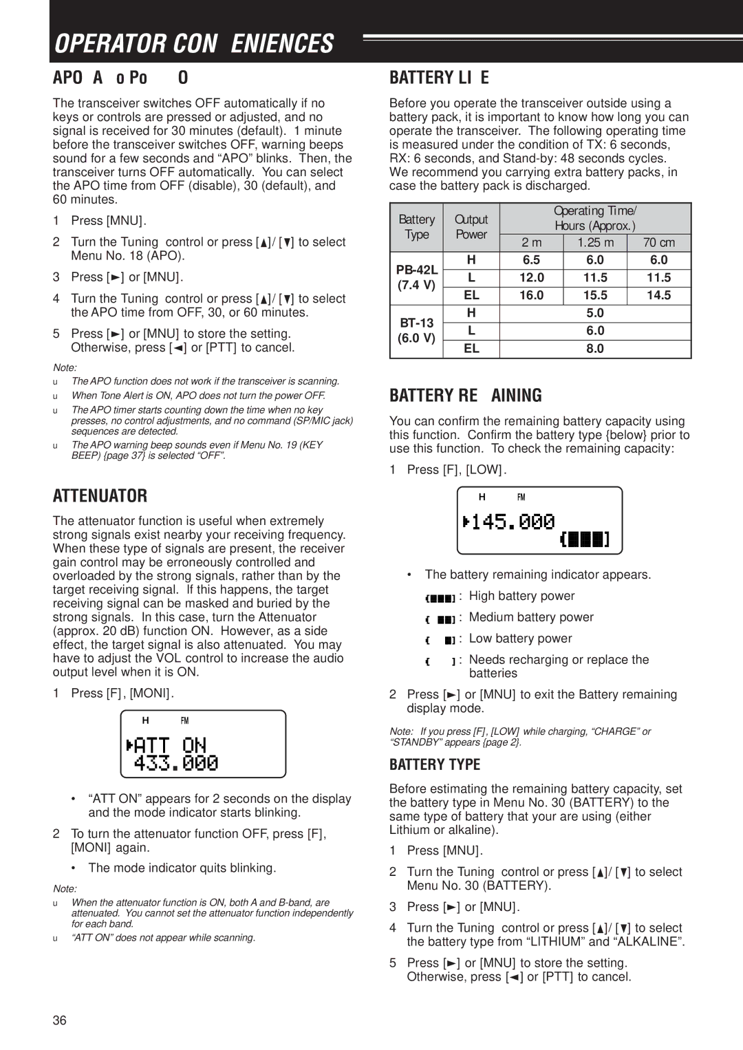 Kenwood TH-F7E, TH-F6A instruction manual Operator Conveniences, Attenuator, Battery Life, Battery Remaining, Battery Type 