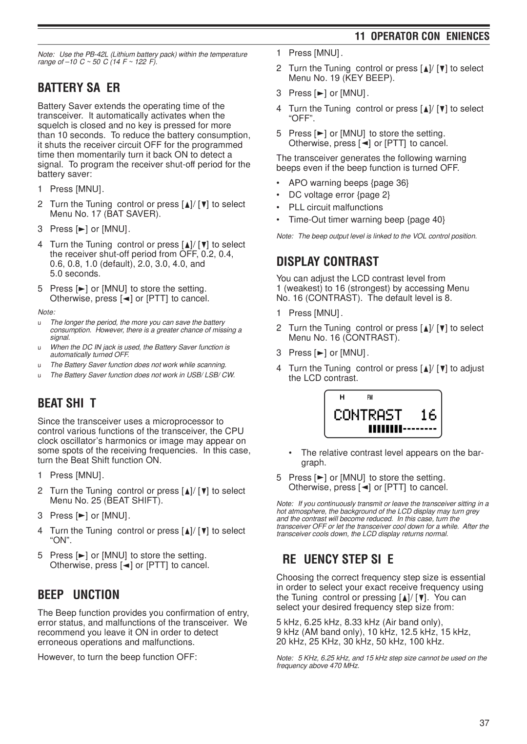 Kenwood TH-F6A, TH-F7E instruction manual Battery Saver, Display Contrast, Beat Shift, Beep Function, Frequency Step Size 