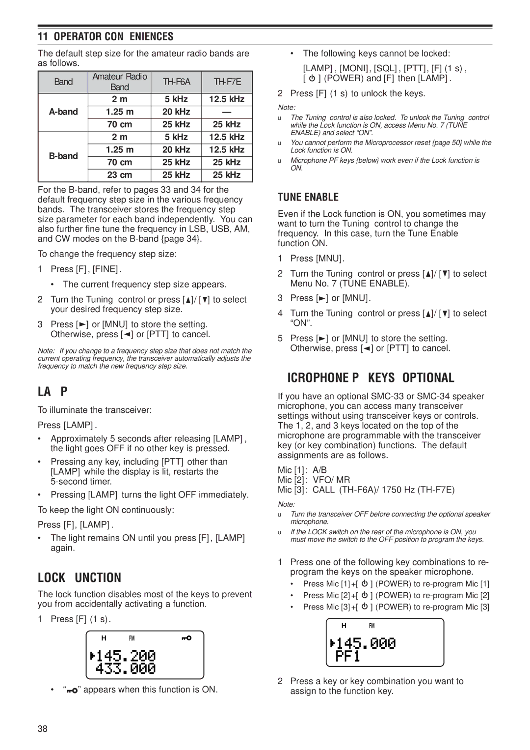 Kenwood instruction manual Lamp, Lock Function, Microphone PF Keys Optional, Tune Enable, TH-F6A TH-F7E 