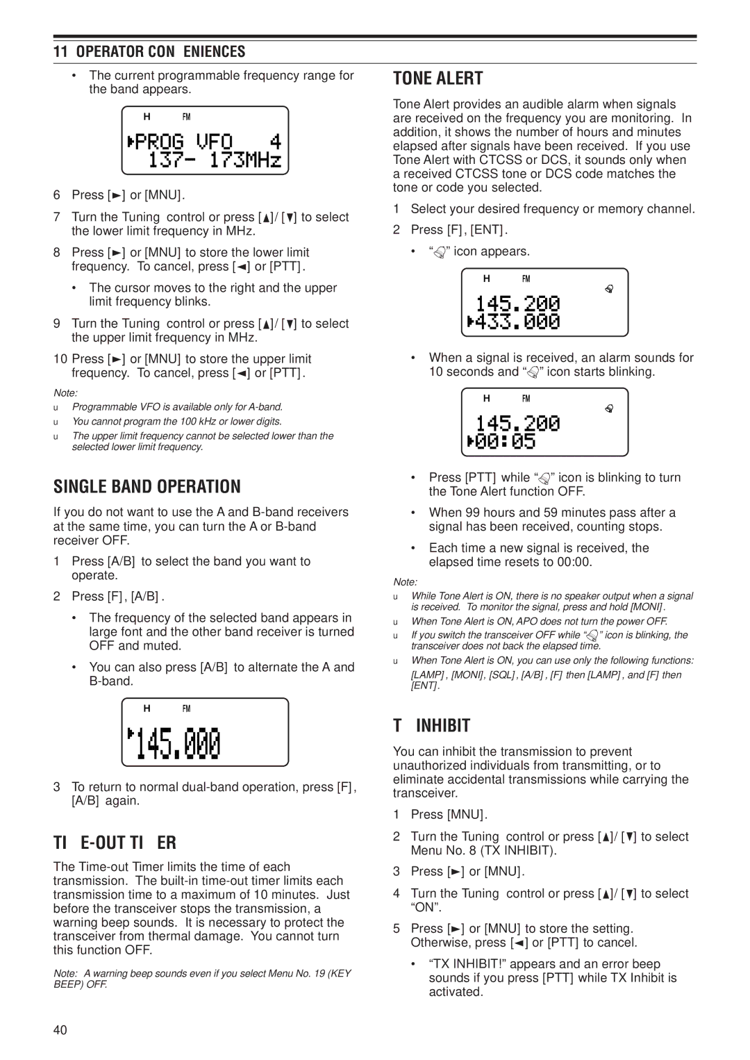 Kenwood TH-F7E, TH-F6A instruction manual Single Band Operation, Tone Alert, TIME-OUT Timer, TX Inhibit 