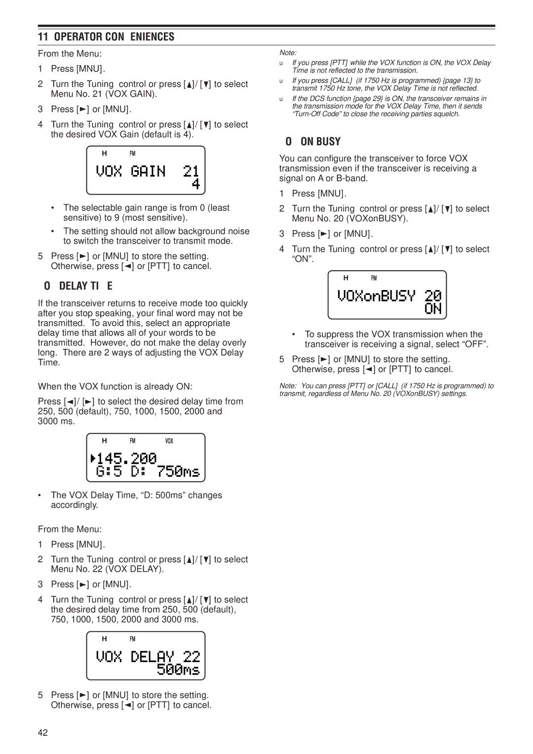 Kenwood TH-F7E, TH-F6A instruction manual VOX Delay Time, VOX on Busy 