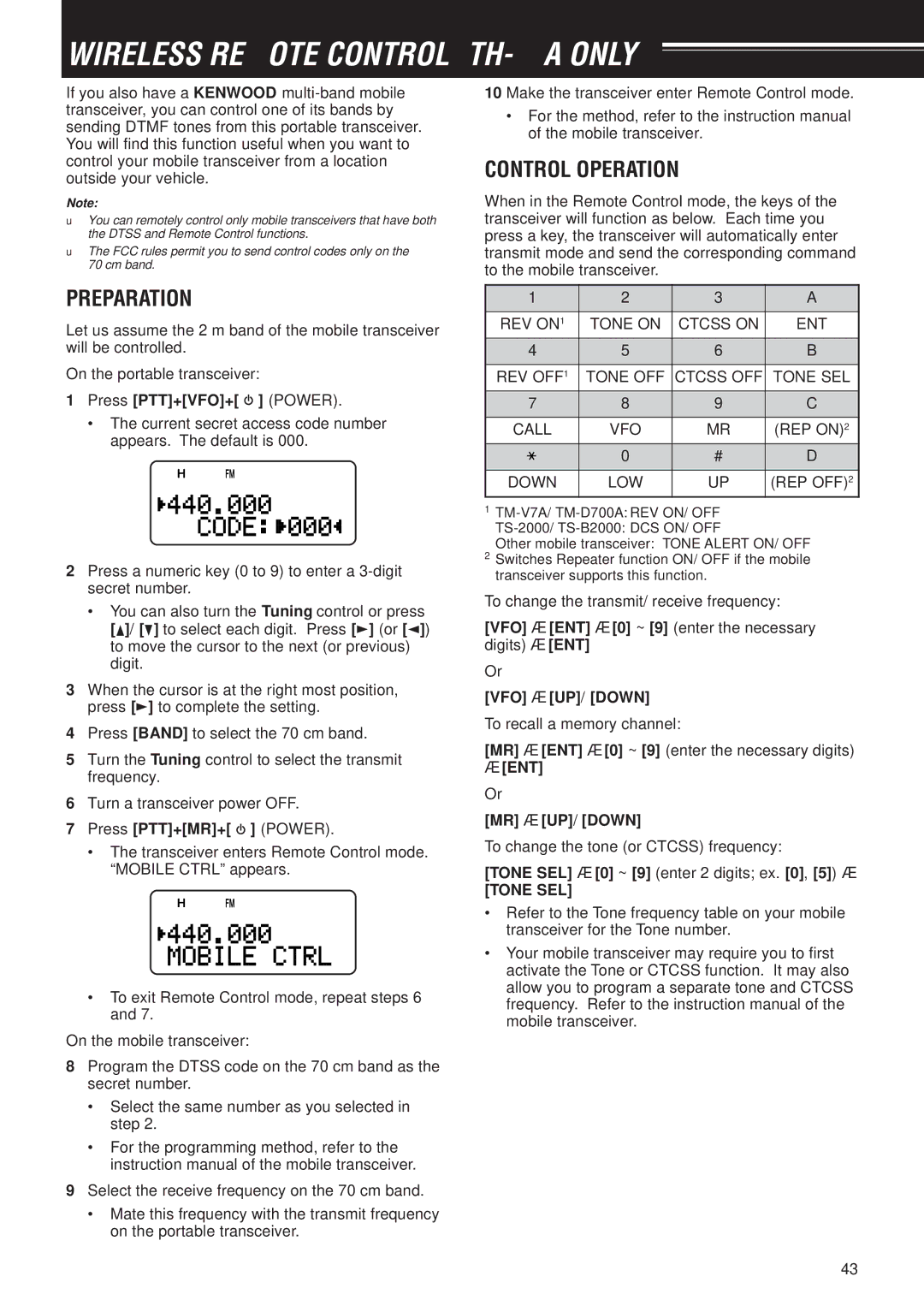 Kenwood TH-F7E instruction manual Wireless Remote Control TH-F6A only, Preparation, Control Operation, Tone SEL 