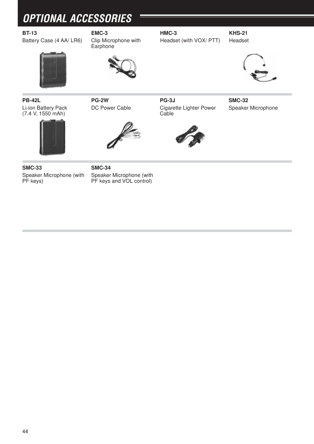 Kenwood TH-F7E, TH-F6A instruction manual Optional Accessories, EMC-3 HMC-3, PG-2W PG-3J 