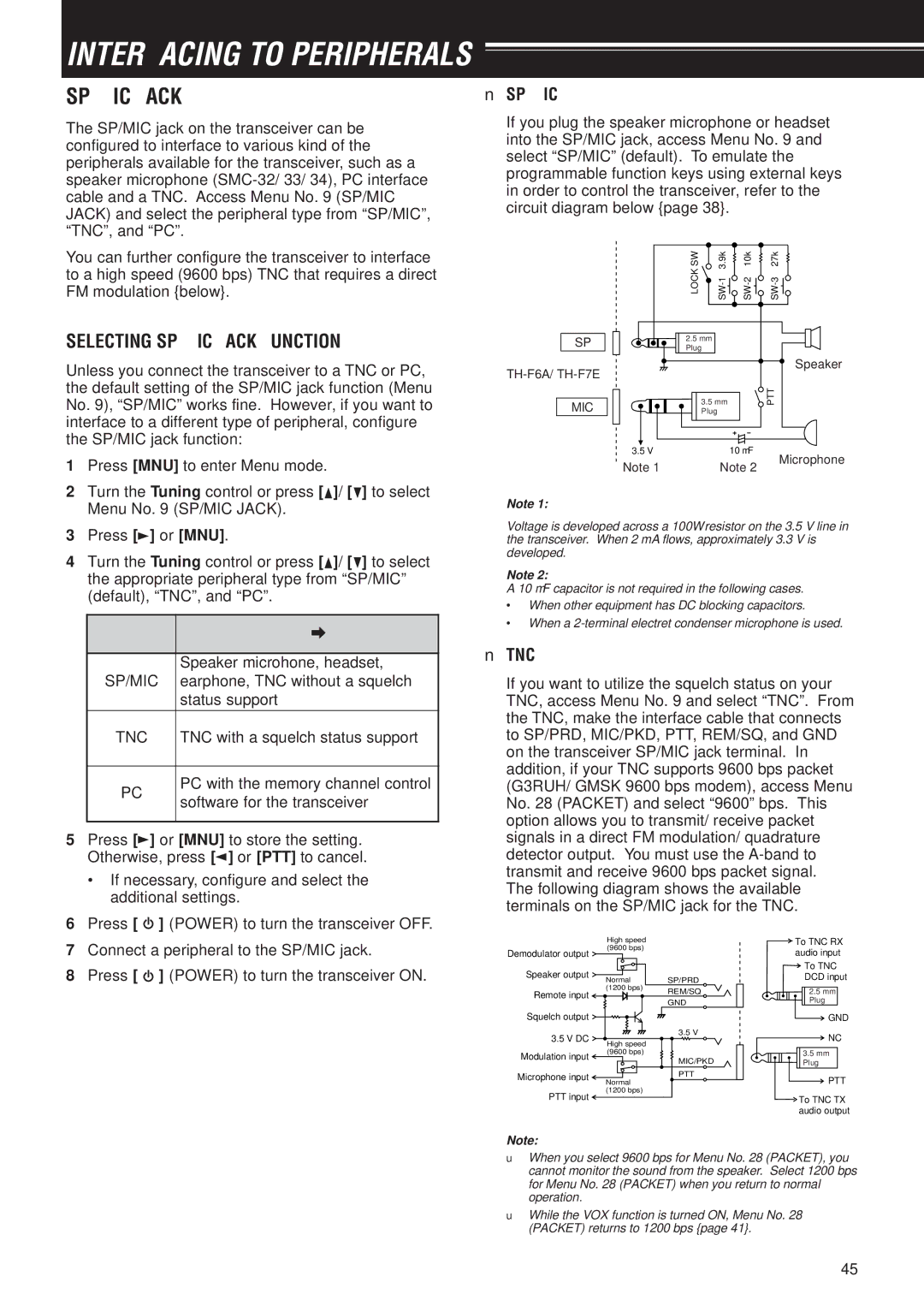 Kenwood TH-F6A, TH-F7E instruction manual Interfacing to Peripherals, Selecting SP/MIC Jack Function, Sp/Mic 