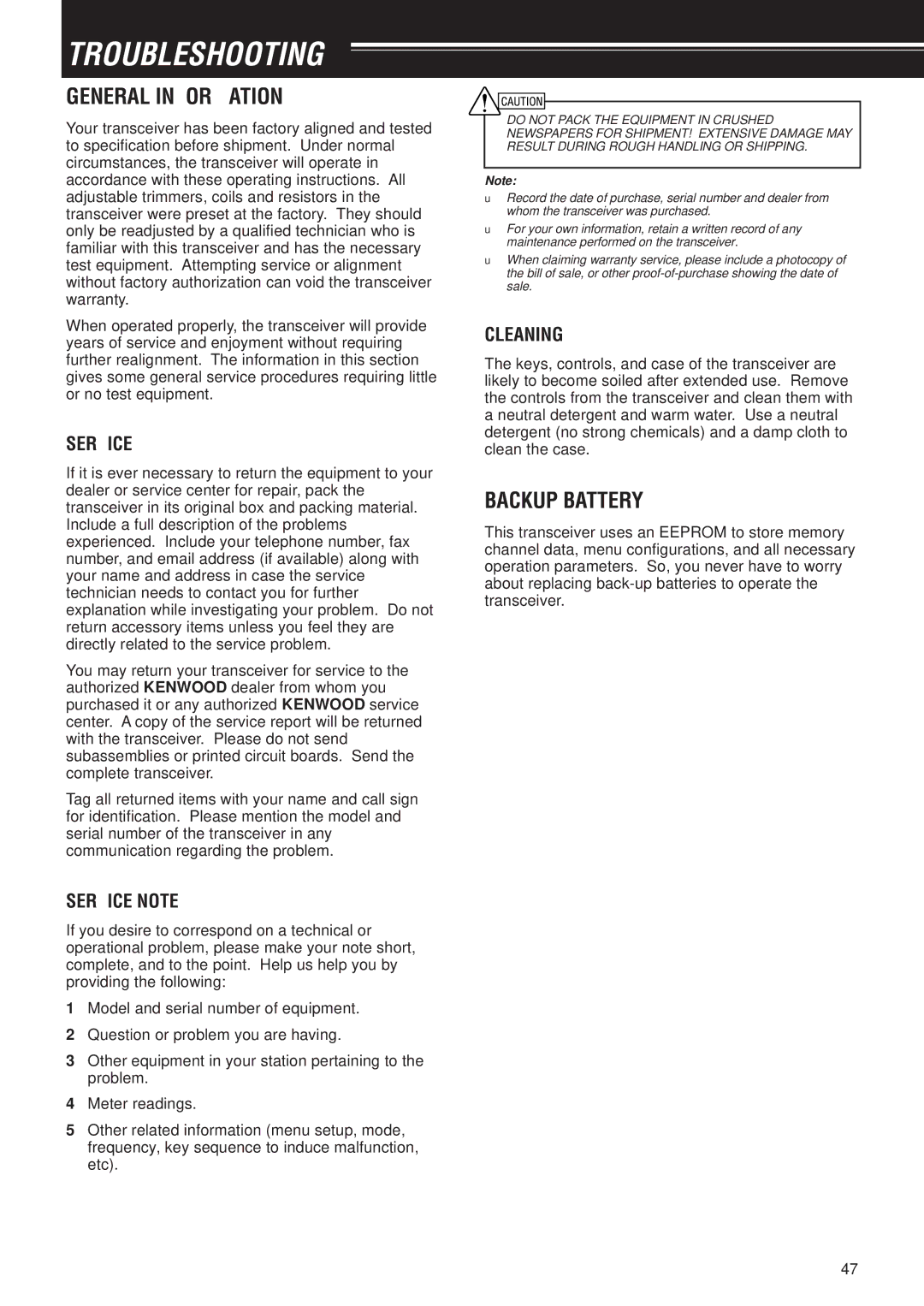 Kenwood TH-F6A, TH-F7E instruction manual Troubleshooting, General Information, Backup Battery 