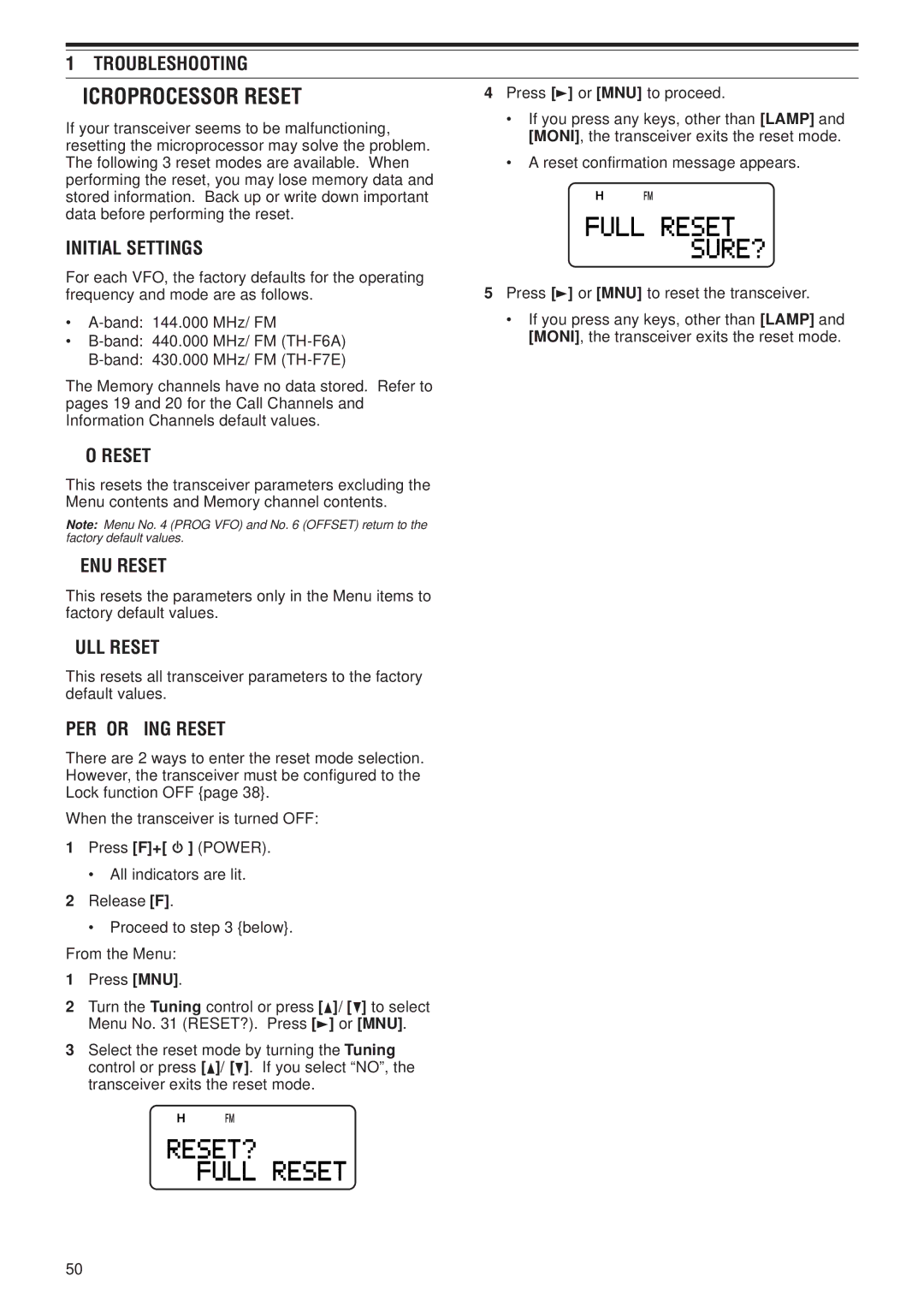 Kenwood TH-F7E, TH-F6A instruction manual Microprocessor Reset 