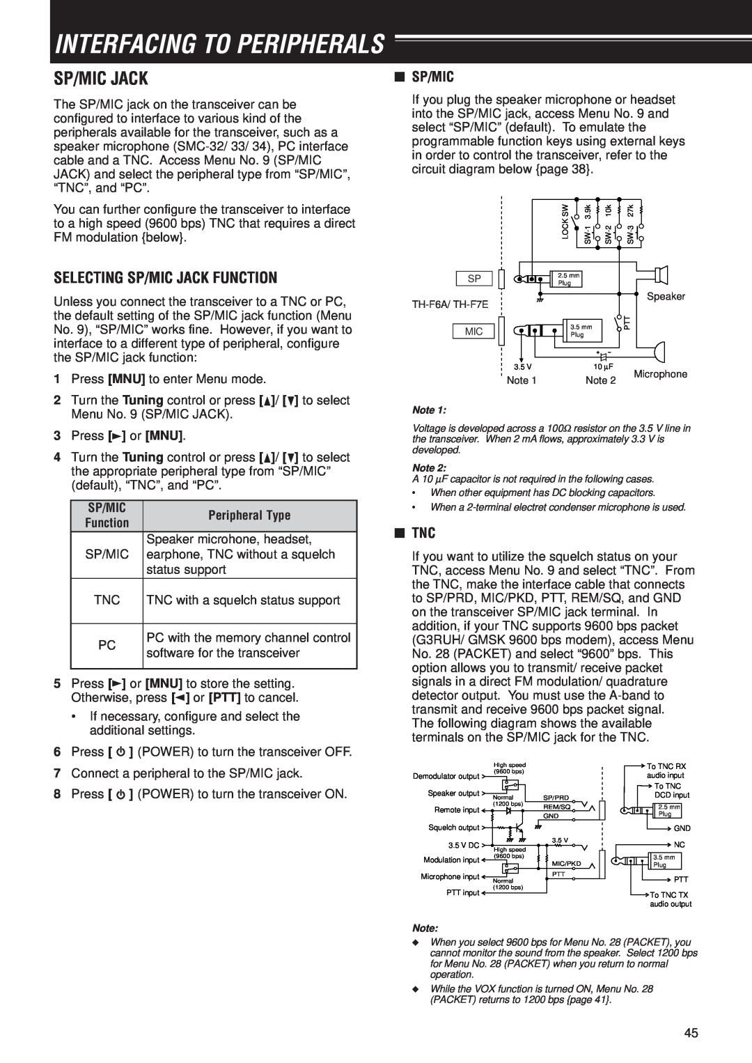 Kenwood TH-F6A, TH-F7E instruction manual Interfacing To Peripherals, Selecting Sp/Mic Jack Function, Peripheral Type 