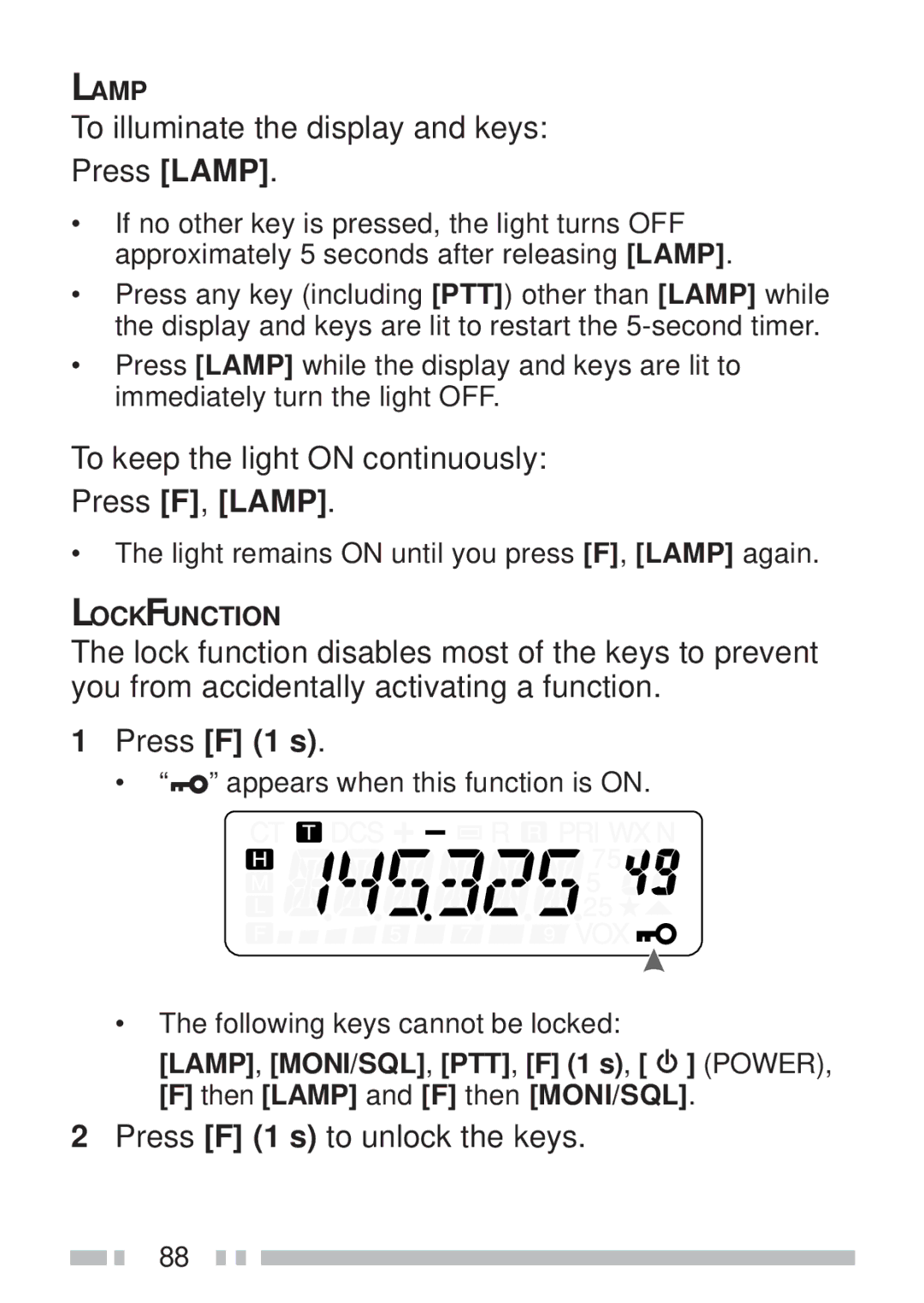 Kenwood TH-K2ET, TH-KAE To illuminate the display and keys Press Lamp, To keep the light on continuously Press F, Lamp 