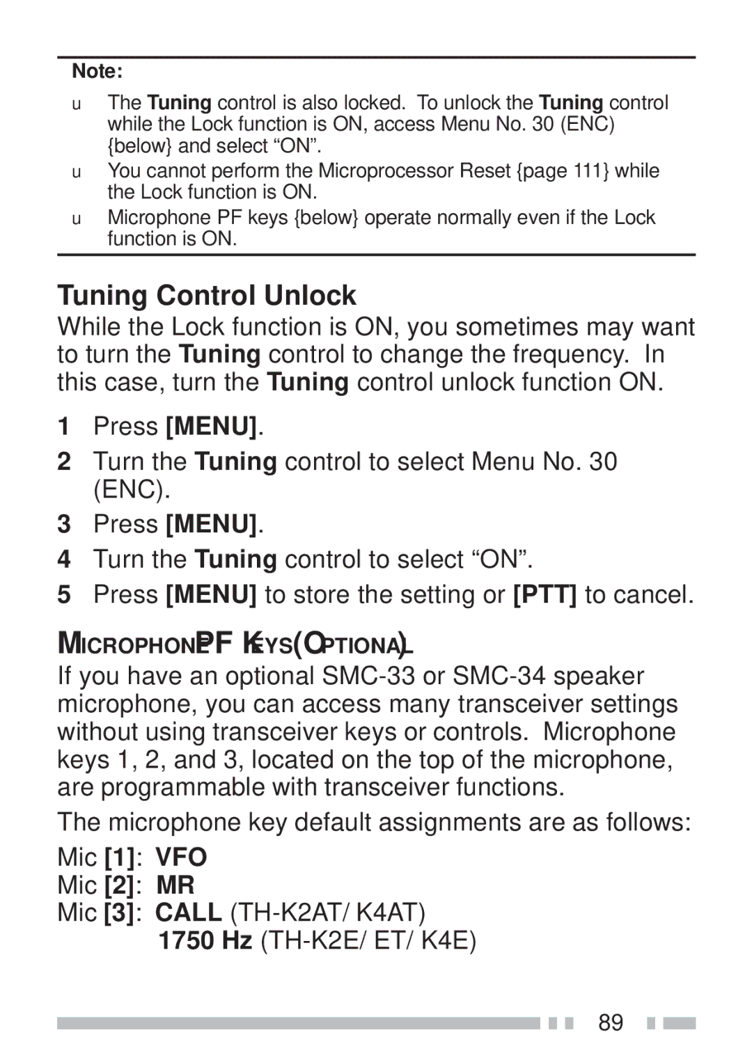 Kenwood TH-K2AT, TH-KAE, TH-K4AT, TH-K2ET instruction manual Tuning Control Unlock 