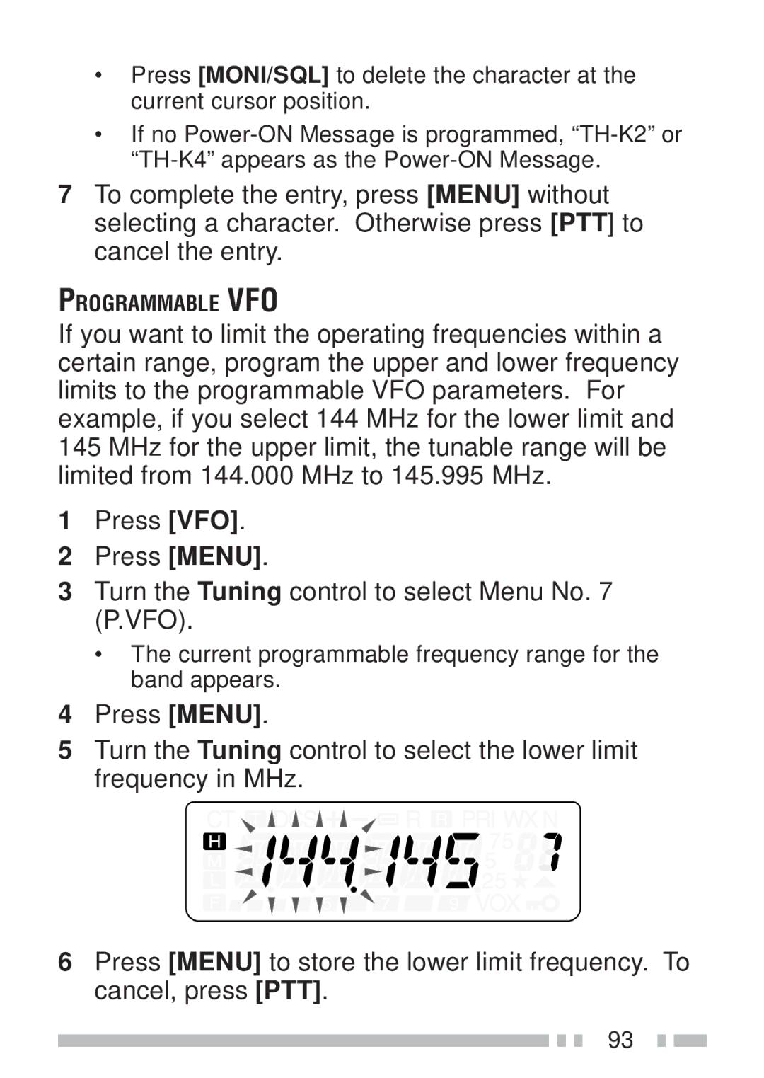 Kenwood TH-K2ET, TH-KAE, TH-K4AT, TH-K2AT instruction manual Current programmable frequency range for the band appears 