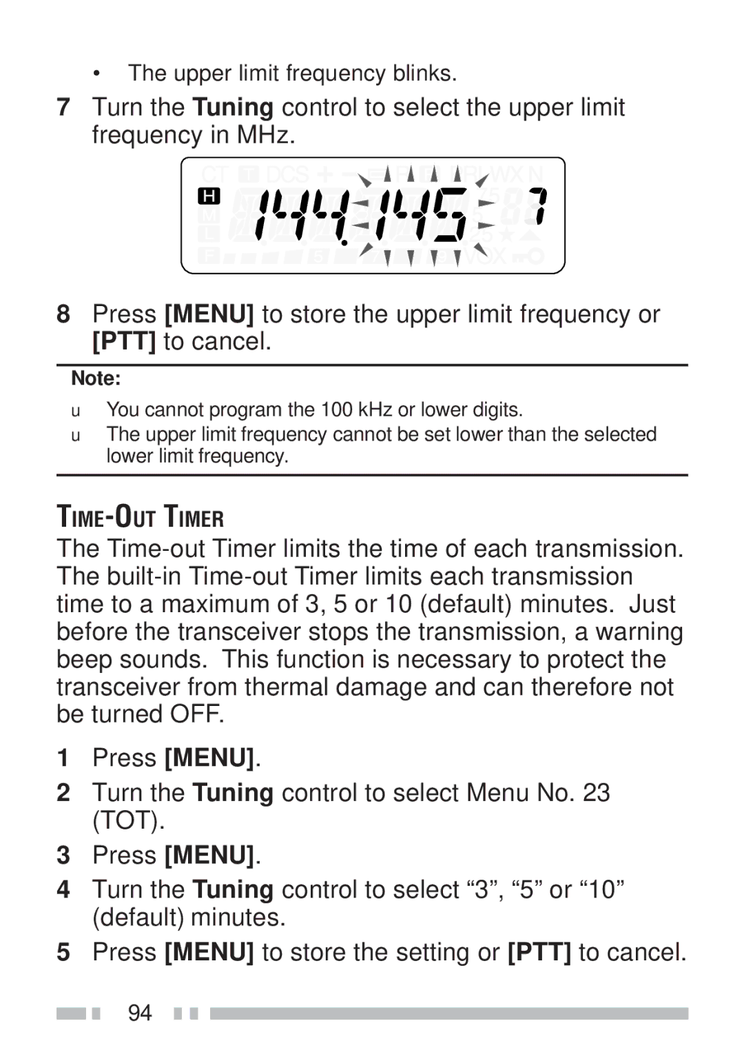 Kenwood TH-K2AT, TH-KAE, TH-K4AT, TH-K2ET instruction manual Upper limit frequency blinks 