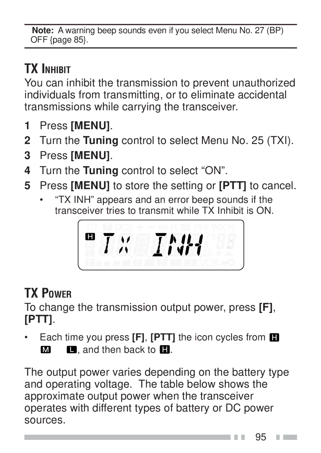 Kenwood TH-KAE, TH-K4AT, TH-K2ET, TH-K2AT TX Power, To change the transmission output power, press F, PTT 