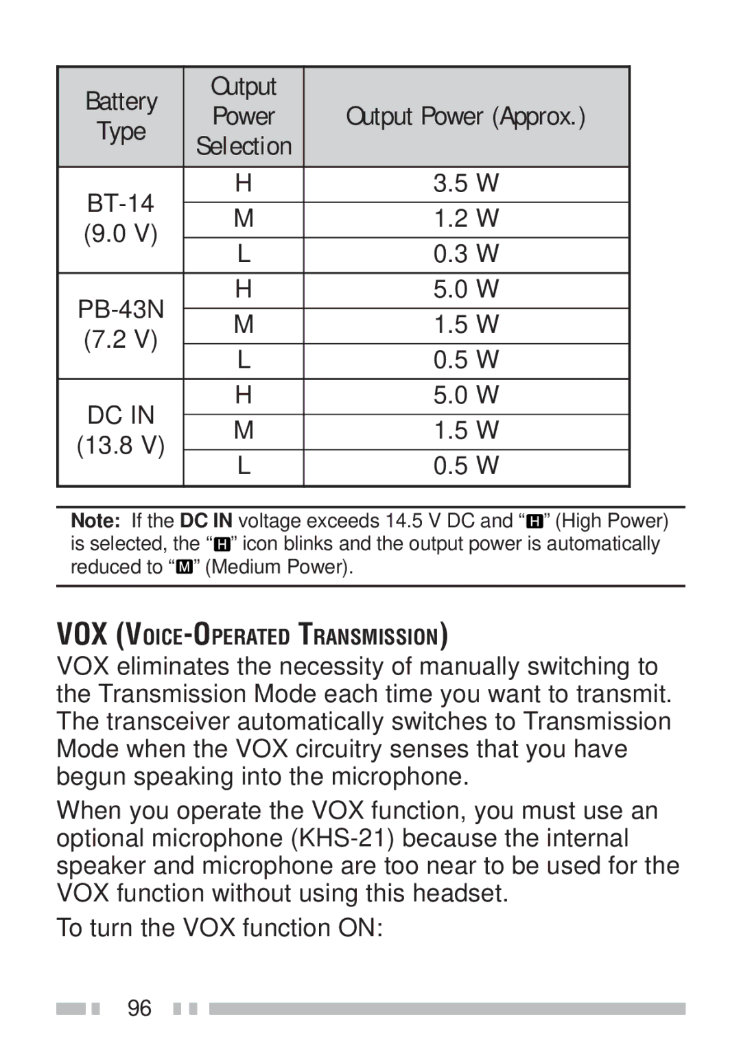 Kenwood TH-KAE, TH-K4AT, TH-K2ET, TH-K2AT instruction manual Battery Output Output Power Approx, BT-14 PB-43N 13.8 