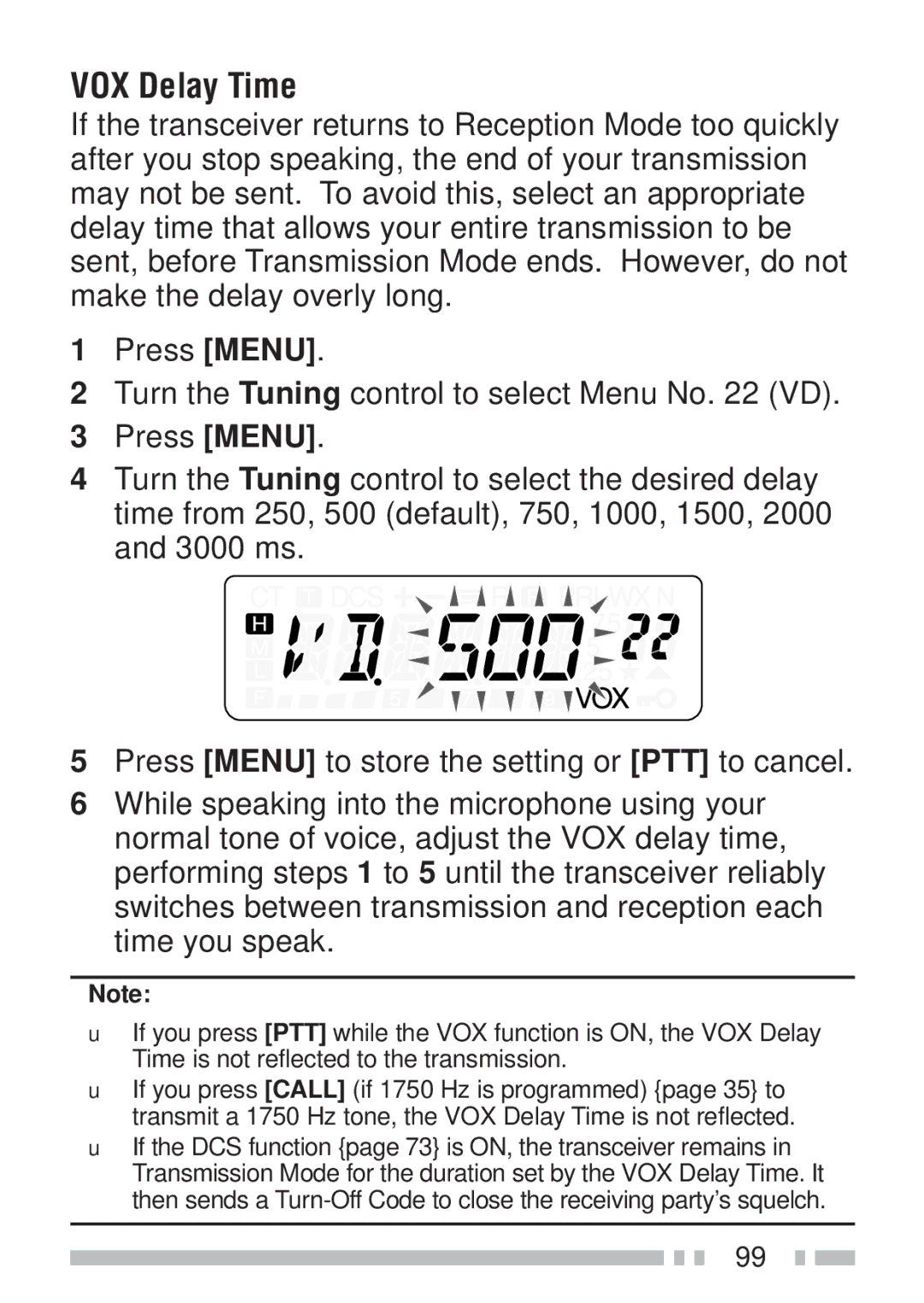 Kenwood TH-K2AT, TH-KAE, TH-K4AT, TH-K2ET instruction manual VOX Delay Time 