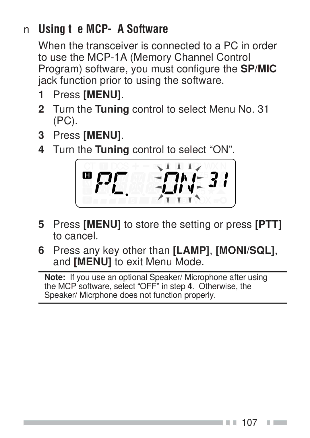 Kenwood TH-K4AT, TH-KAE, TH-K2ET, TH-K2AT Using the MCP-1A Software, Turn the Tuning control to select Menu No PC 