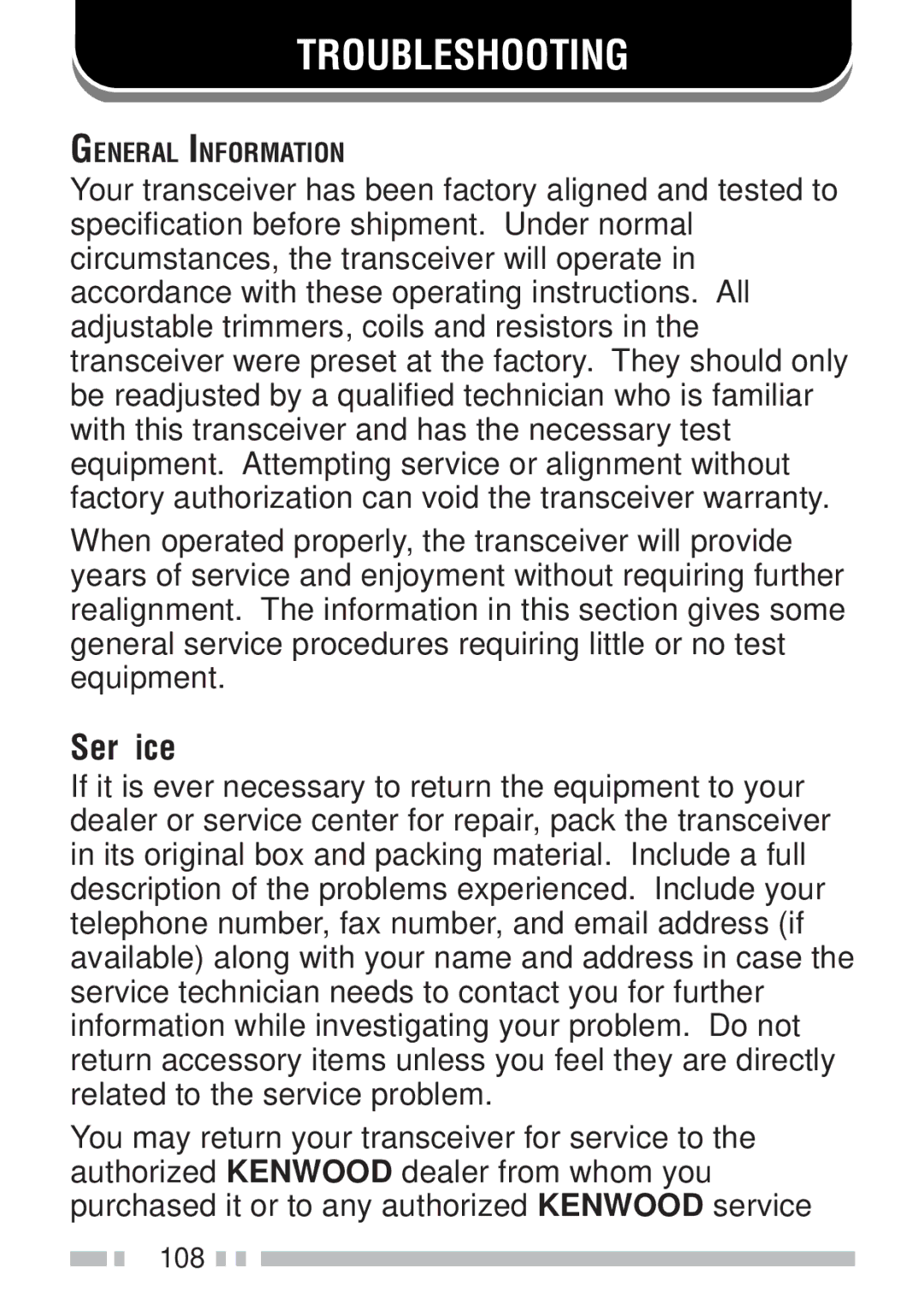 Kenwood TH-K2ET, TH-KAE, TH-K4AT, TH-K2AT instruction manual Troubleshooting, Service 