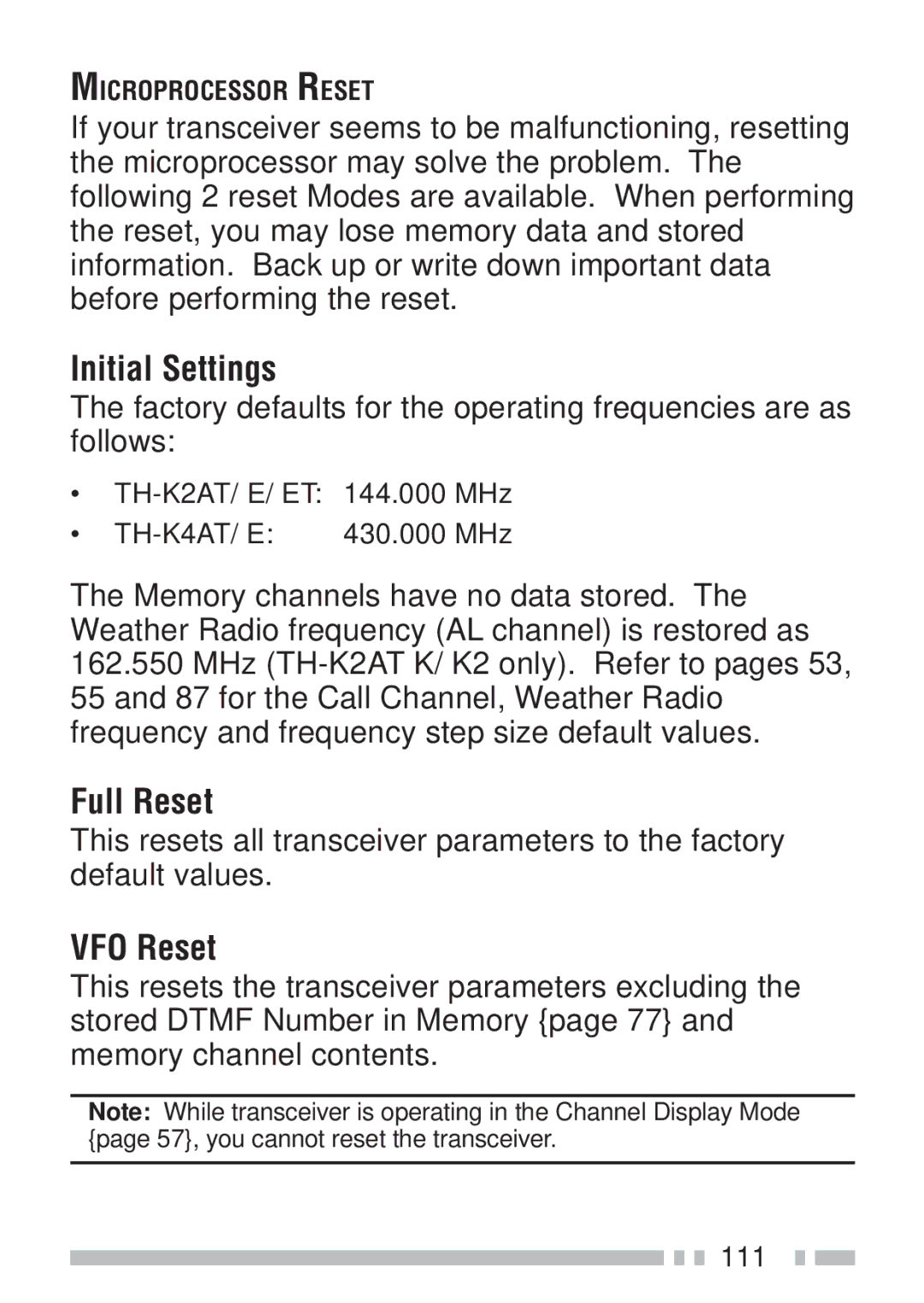 Kenwood TH-KAE, TH-K4AT, TH-K2ET, TH-K2AT instruction manual Initial Settings, Full Reset, VFO Reset 