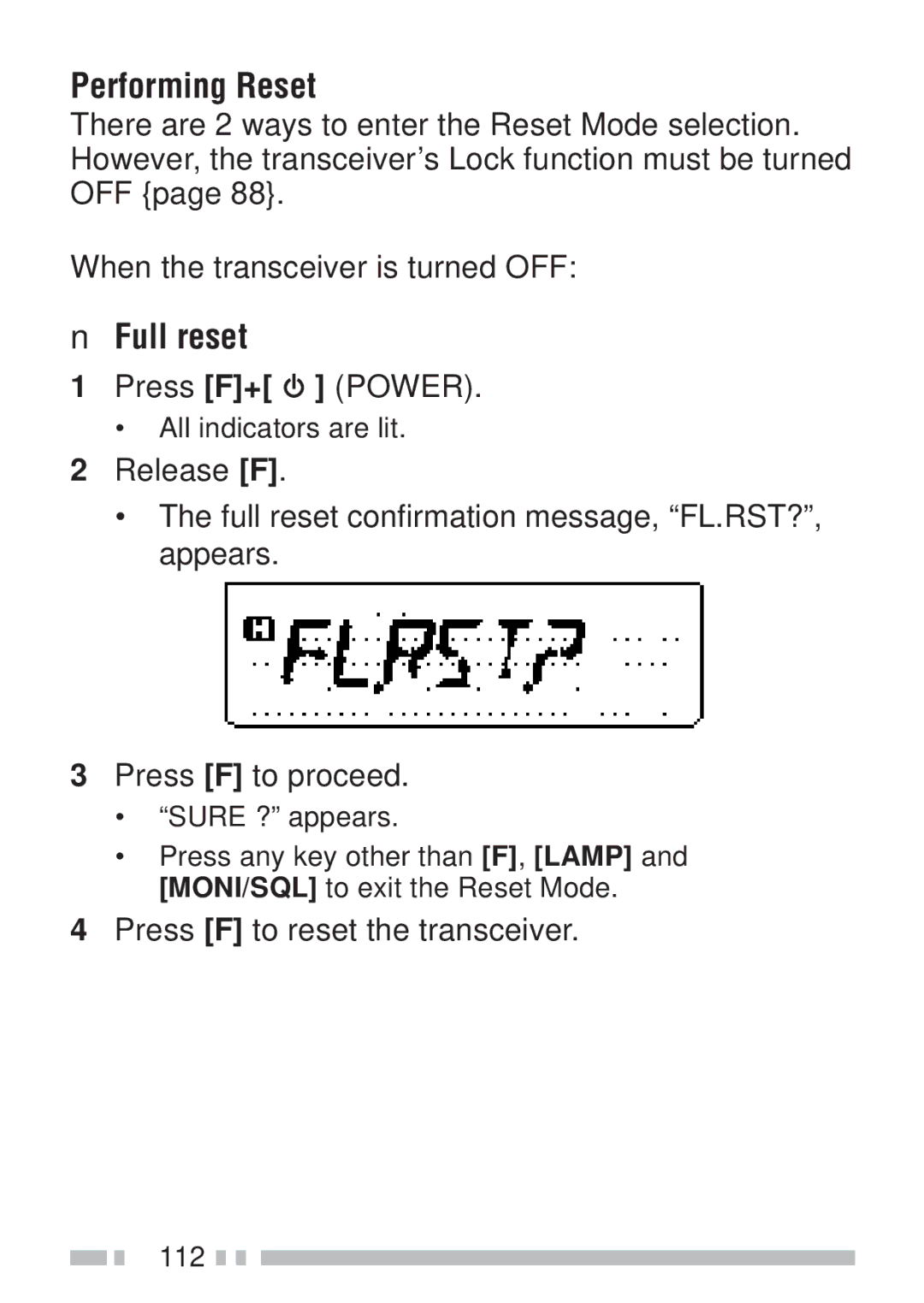 Kenwood TH-K4AT, TH-KAE, TH-K2ET, TH-K2AT Performing Reset, Press F+ Power, Press F to reset the transceiver 