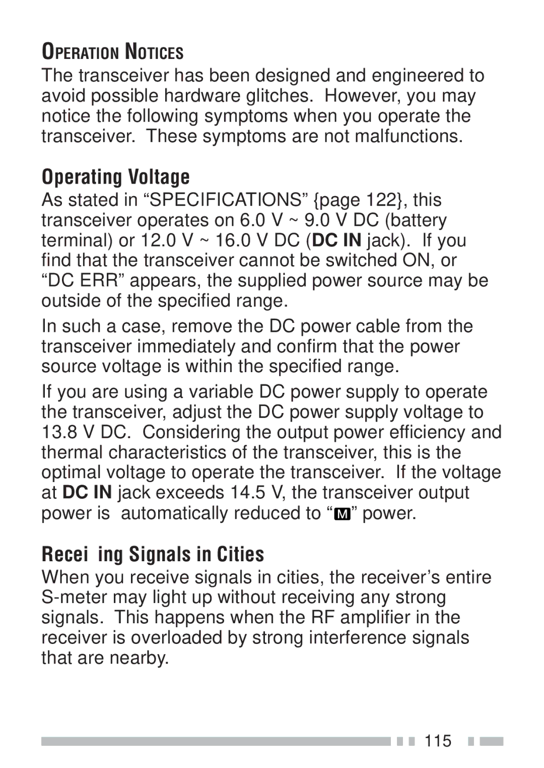 Kenwood TH-KAE, TH-K4AT, TH-K2ET, TH-K2AT instruction manual Operating Voltage, Receiving Signals in Cities 