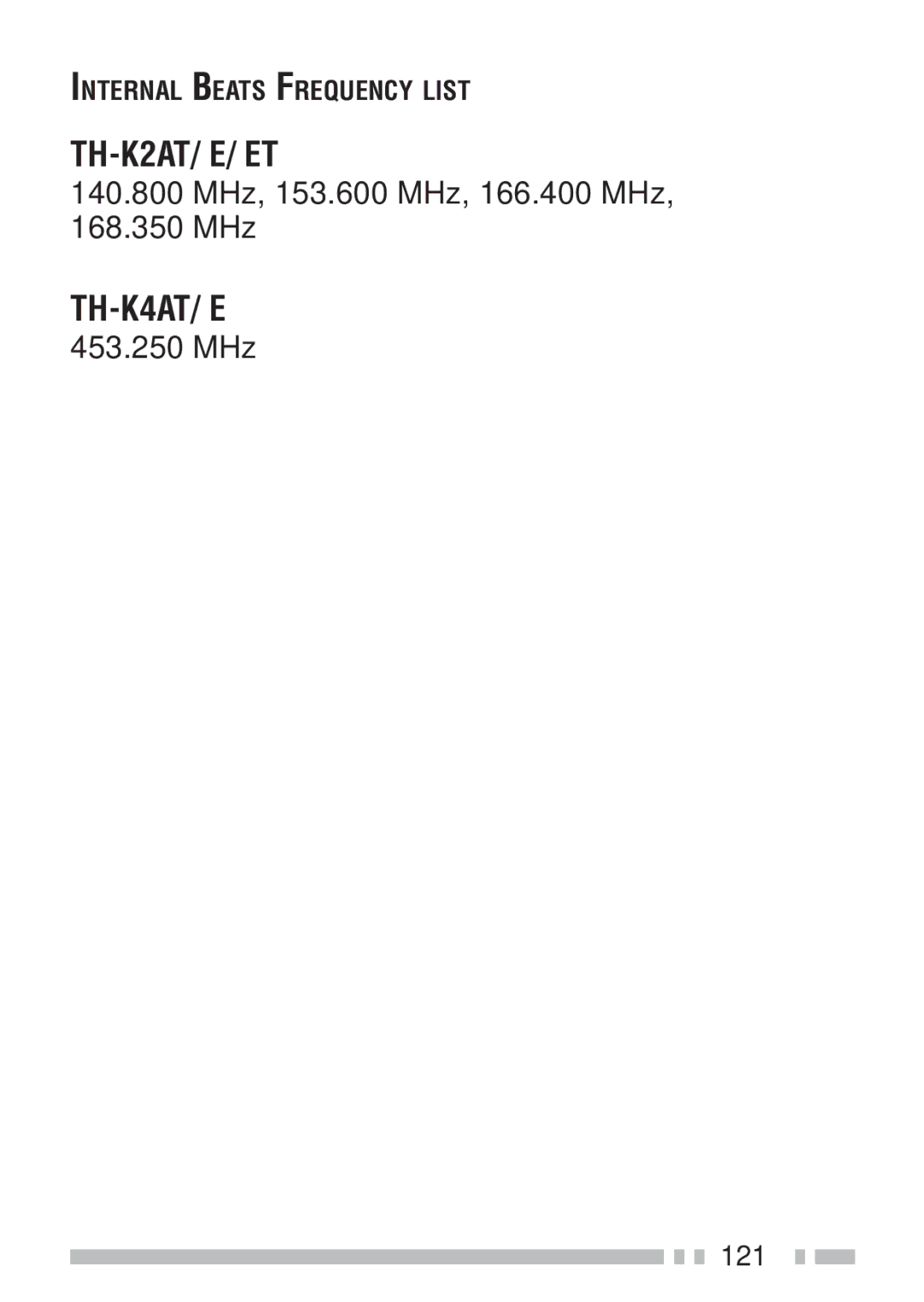 Kenwood TH-KAE, TH-K4AT, TH-K2ET, TH-K2AT instruction manual 140.800 MHz, 153.600 MHz, 166.400 MHz 168.350 MHz, 453.250 MHz 