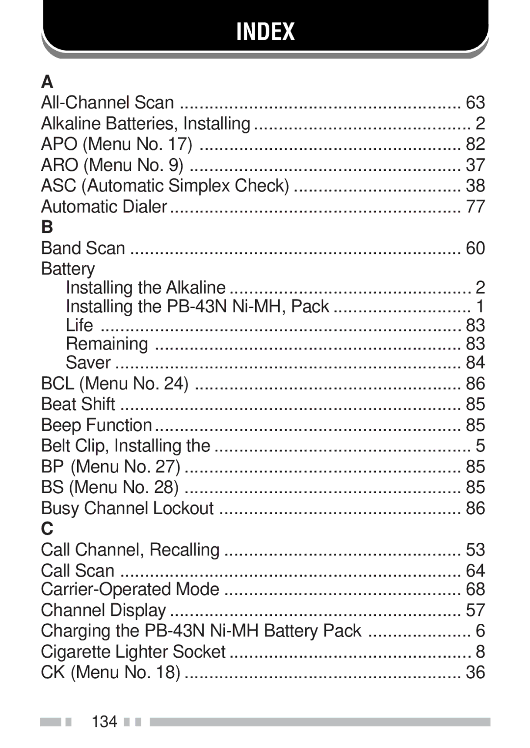 Kenwood TH-K2AT, TH-KAE, TH-K4AT, TH-K2ET instruction manual Index, Battery 