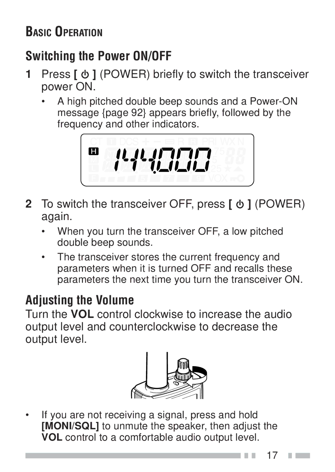 Kenwood TH-K4AT Switching the Power ON/OFF, Adjusting the Volume, Press Power briefly to switch the transceiver power on 