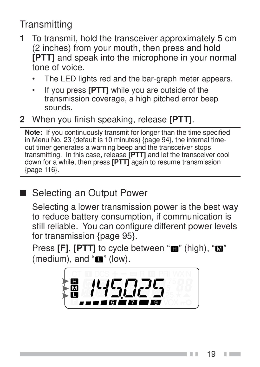 Kenwood TH-K2AT, TH-KAE, TH-K4AT, TH-K2ET Transmitting, Selecting an Output Power, When you finish speaking, release PTT 