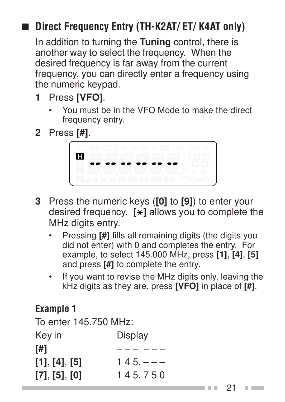 Kenwood TH-KAE, TH-K4AT, TH-K2ET, TH-K2AT instruction manual Example, To enter 145.750 MHz Key Display 5 5 