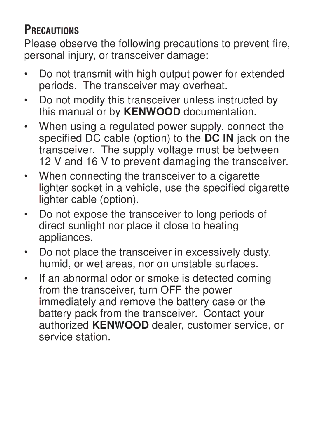 Kenwood TH-KAE, TH-K4AT, TH-K2ET, TH-K2AT instruction manual Precautions 