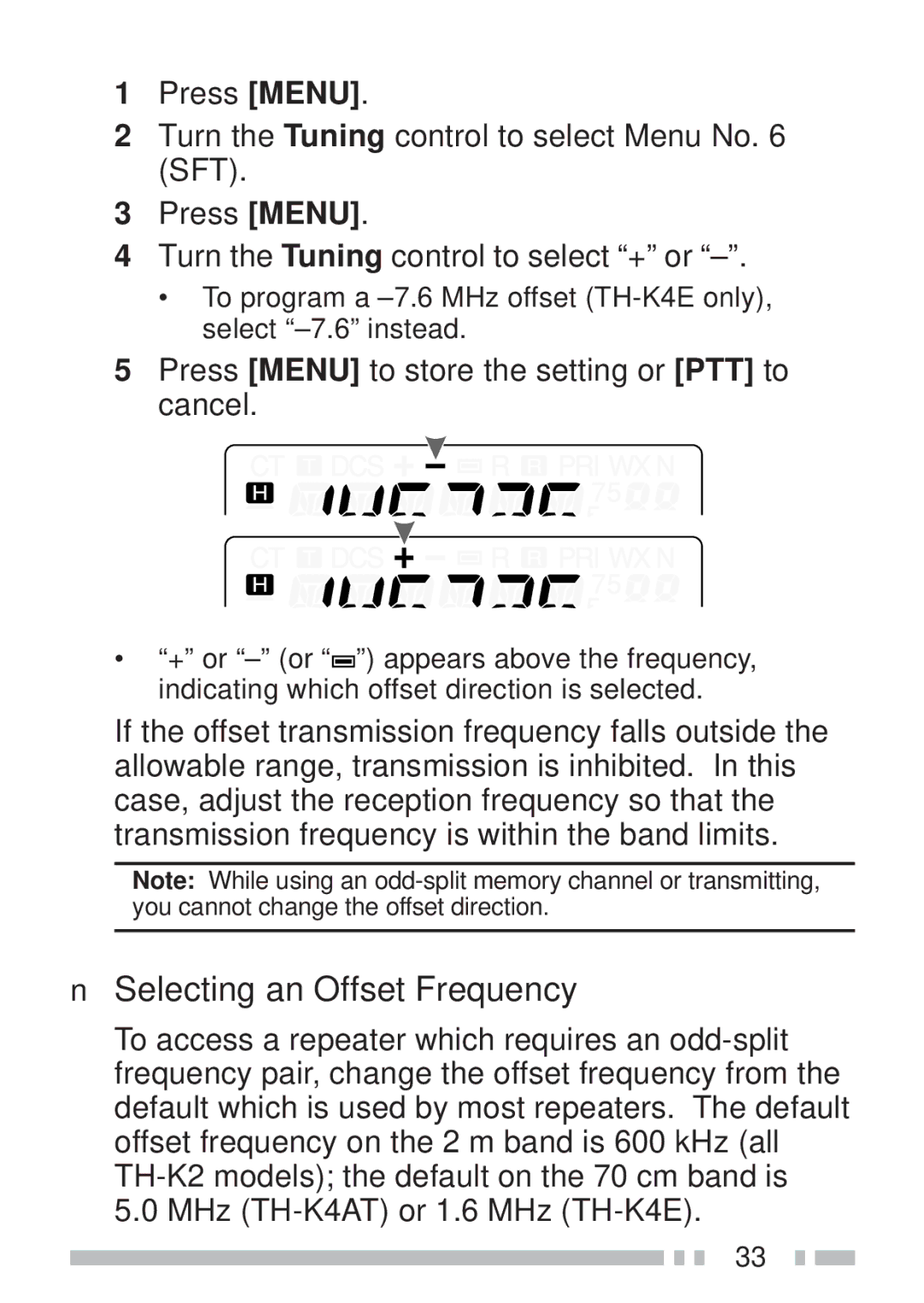 Kenwood TH-K2ET, TH-KAE, TH-K4AT, TH-K2AT Selecting an Offset Frequency, Press Menu to store the setting or PTT to cancel 