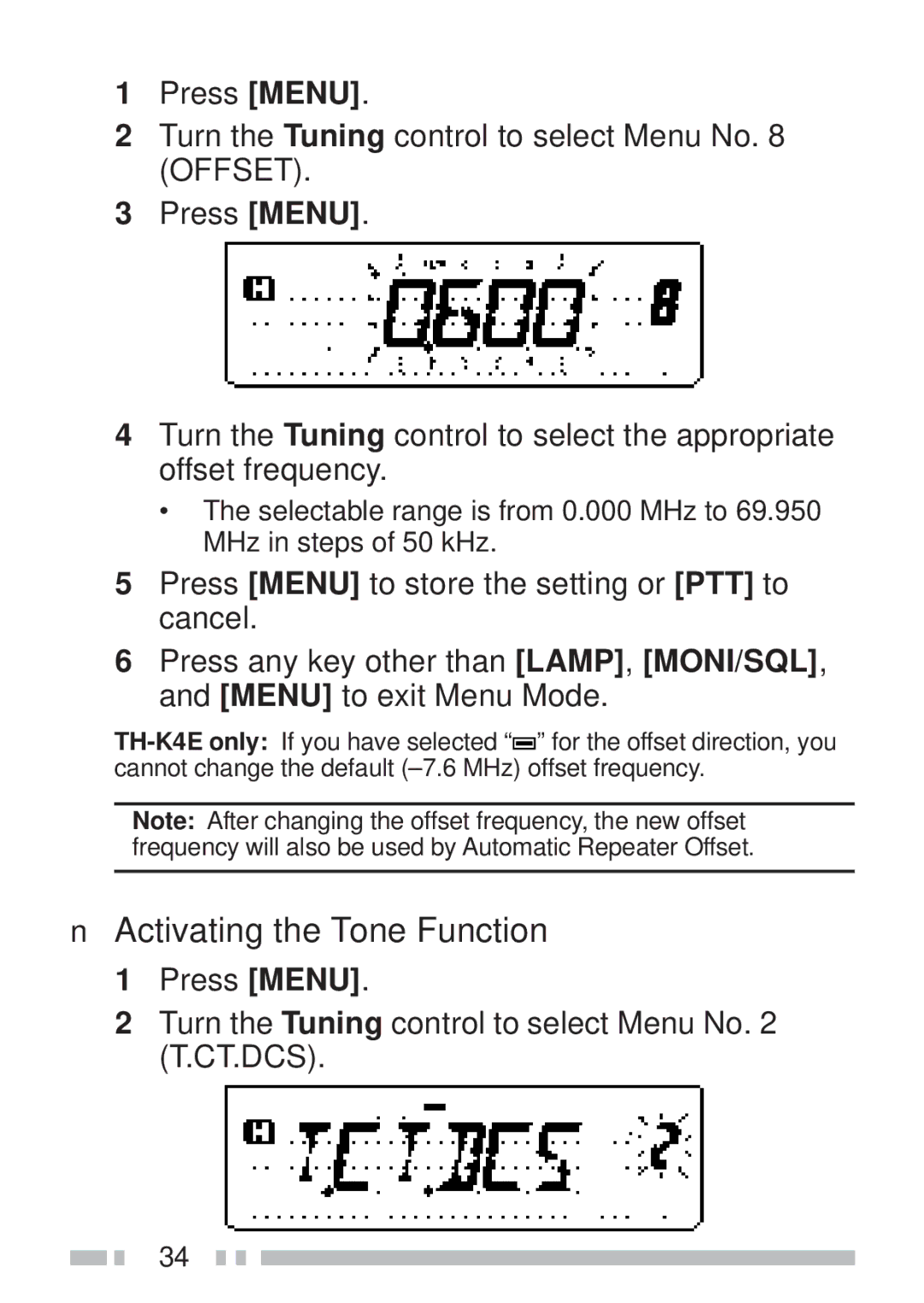 Kenwood TH-K2AT, TH-KAE Activating the Tone Function, Press Menu, Turn the Tuning control to select Menu No T.CT.DCS 