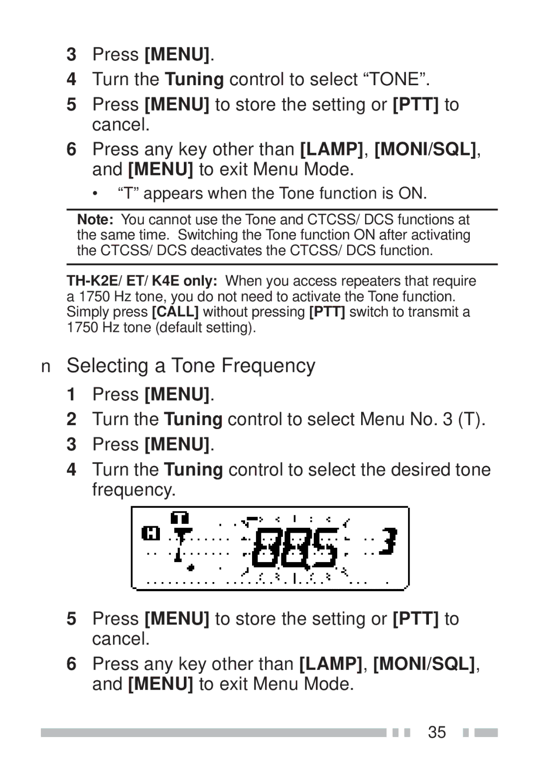 Kenwood TH-KAE, TH-K4AT, TH-K2ET, TH-K2AT Selecting a Tone Frequency, Appears when the Tone function is on 