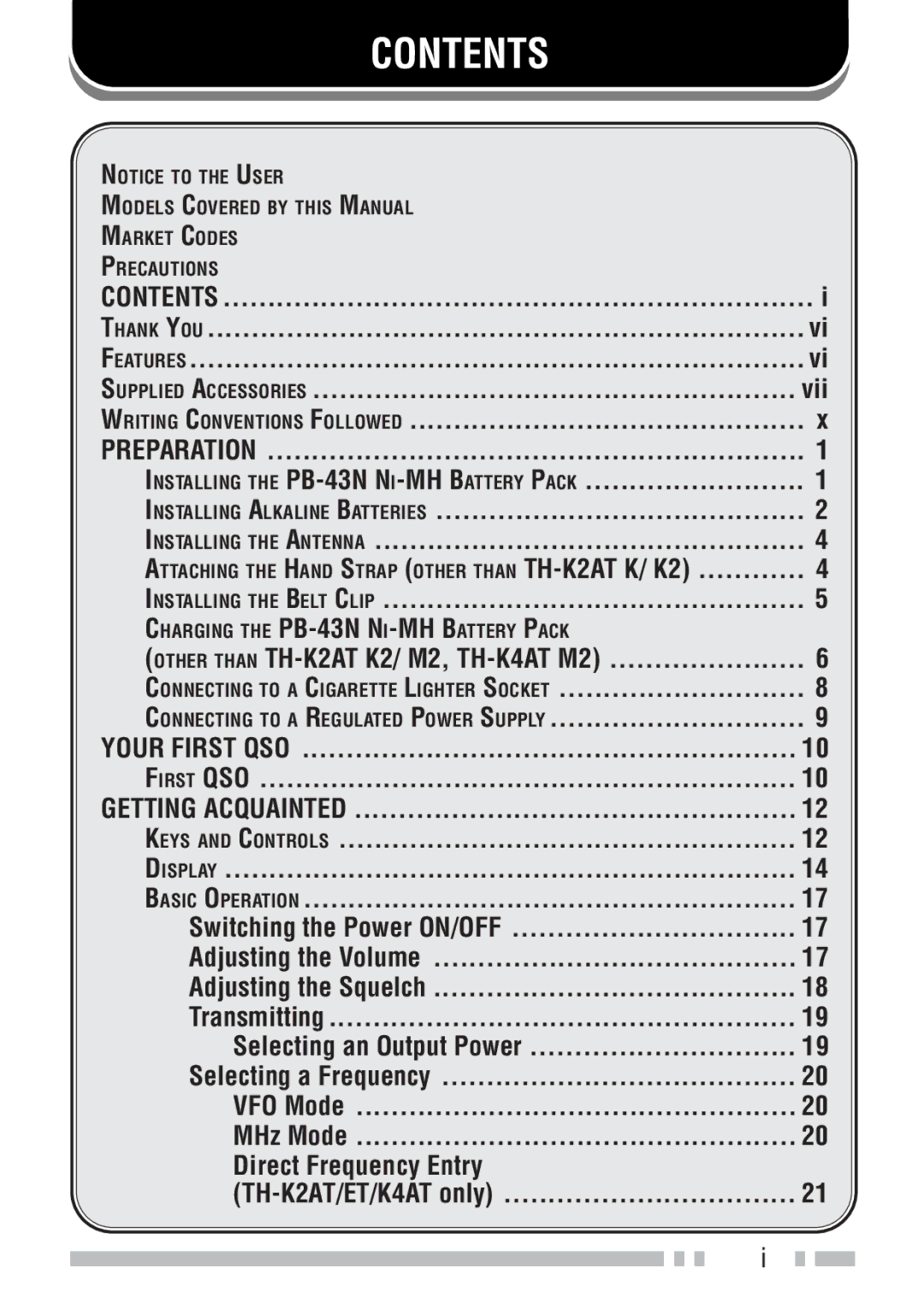 Kenwood TH-KAE, TH-K4AT, TH-K2ET, TH-K2AT instruction manual Contents 