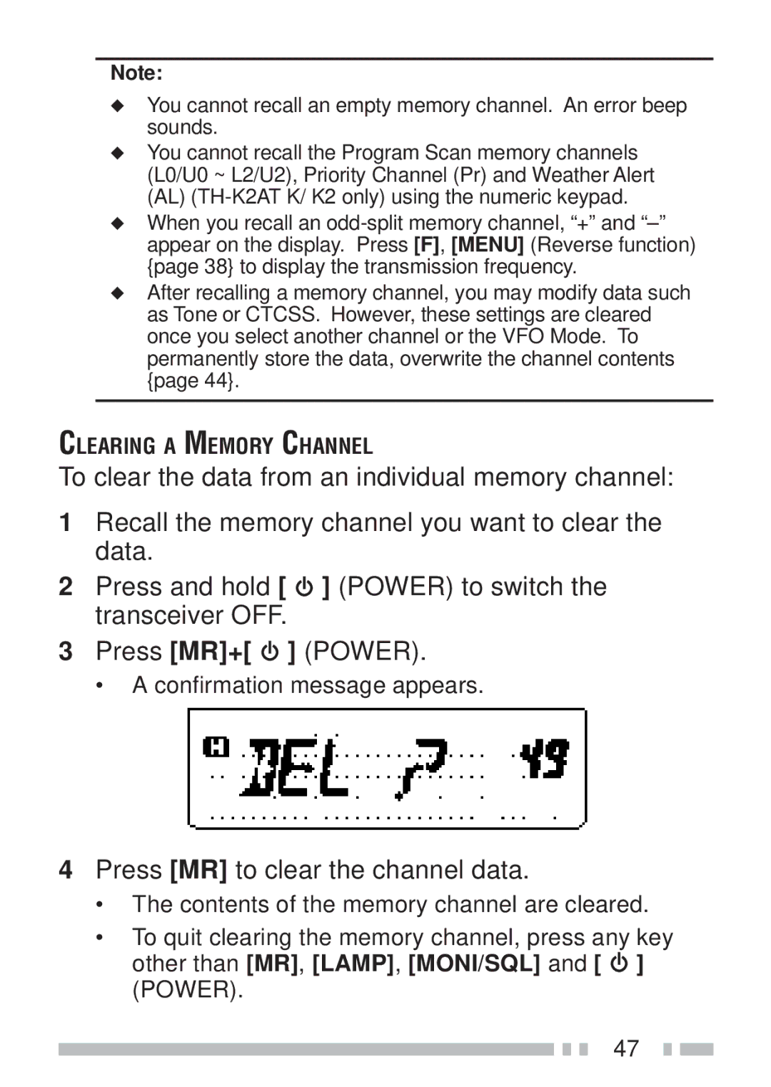 Kenwood TH-K4AT, TH-KAE, TH-K2ET, TH-K2AT instruction manual Press MR to clear the channel data 