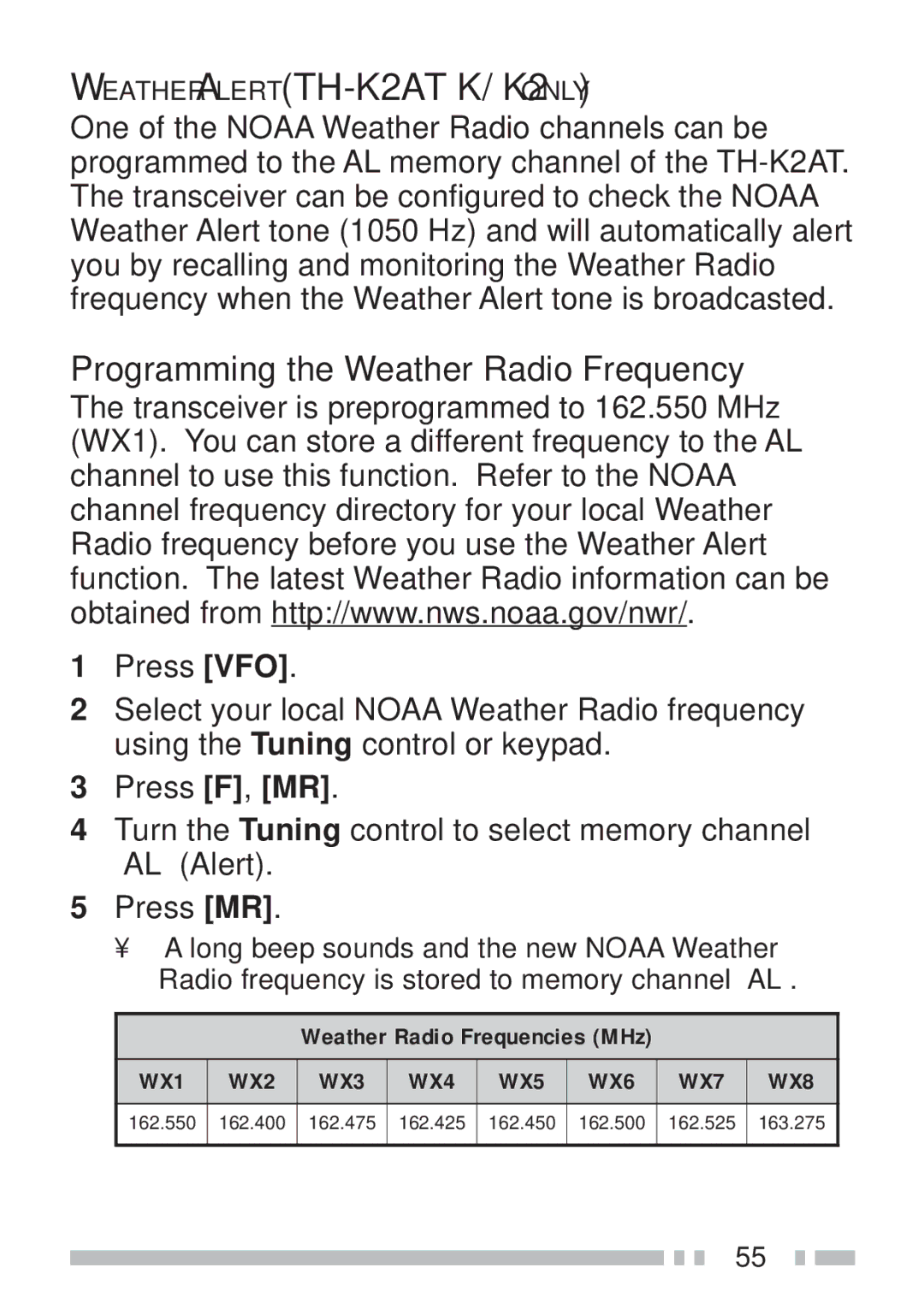 Kenwood TH-KAE, TH-K4AT, TH-K2ET Weather Alert TH-K2AT K/ K2 only, Programming the Weather Radio Frequency 