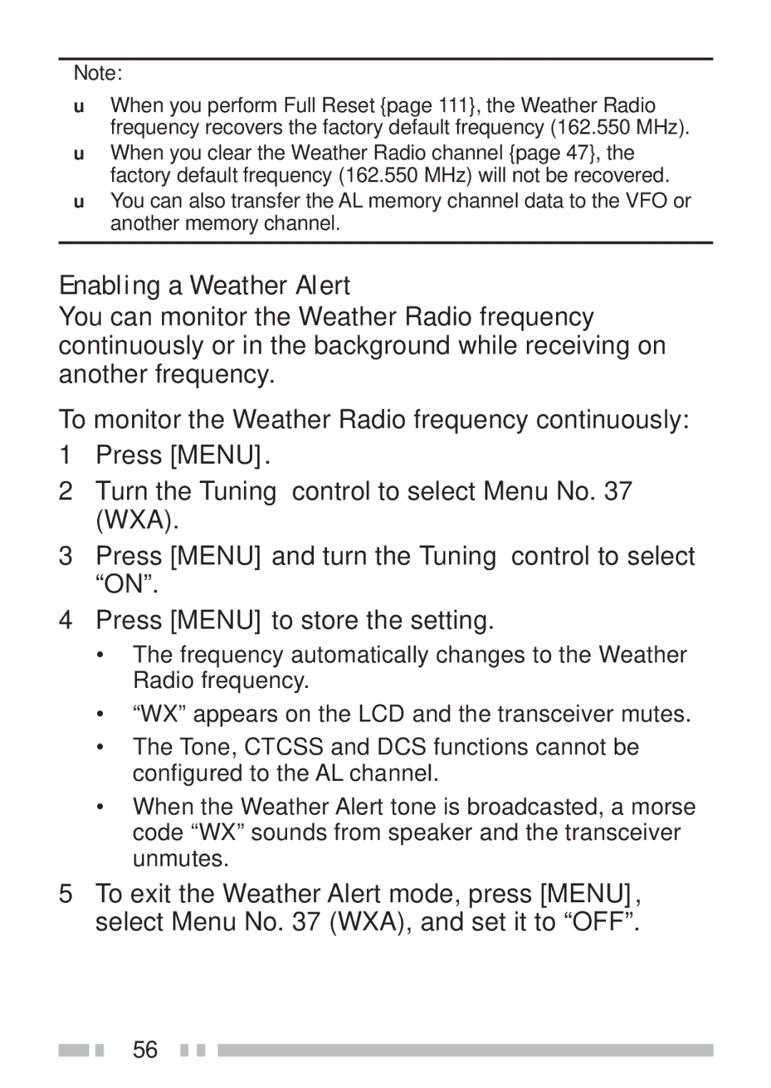 Kenwood TH-KAE, TH-K4AT, TH-K2ET, TH-K2AT instruction manual Enabling a Weather Alert 