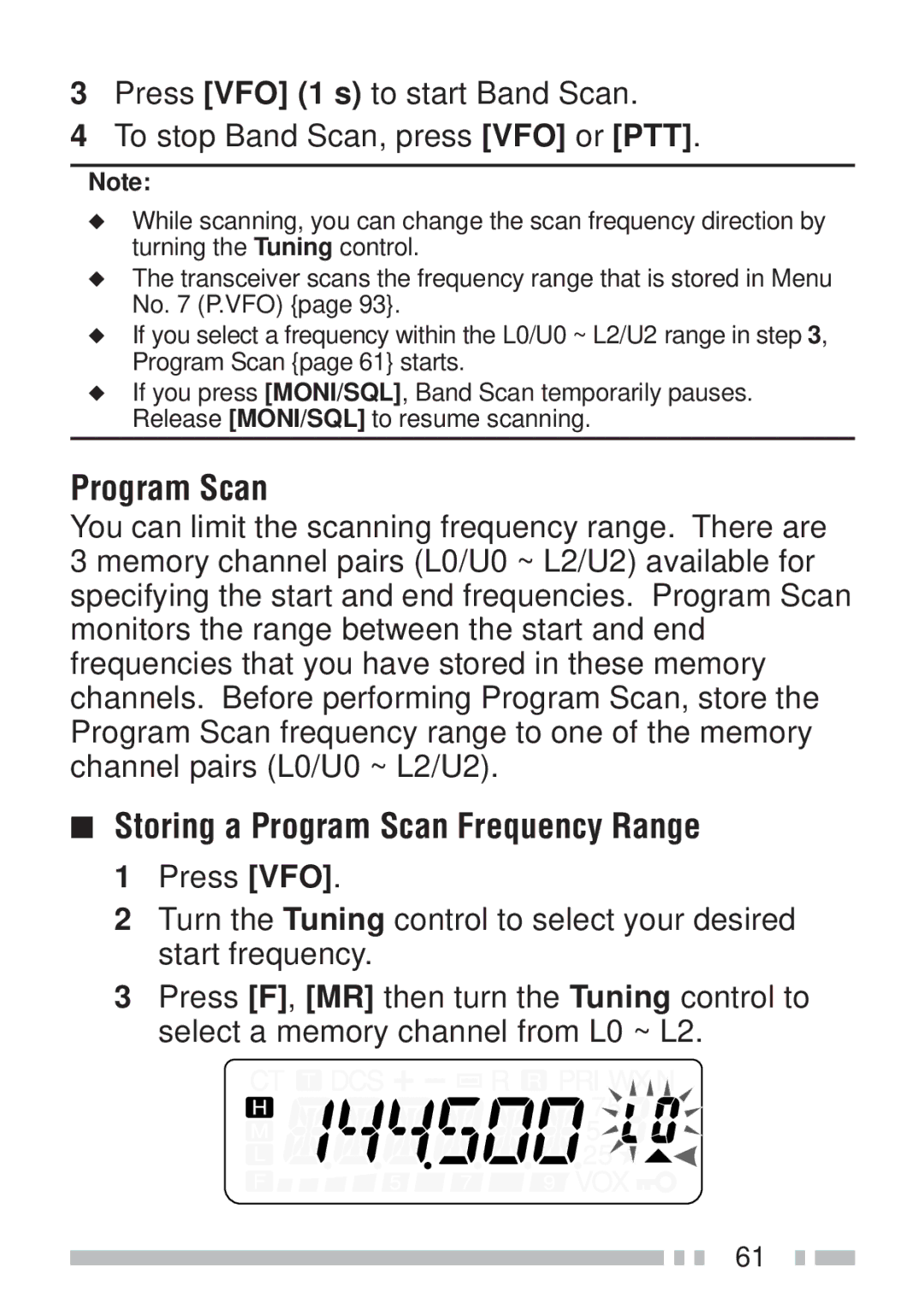 Kenwood TH-KAE, TH-K4AT, TH-K2ET, TH-K2AT instruction manual Storing a Program Scan Frequency Range, Press VFO 