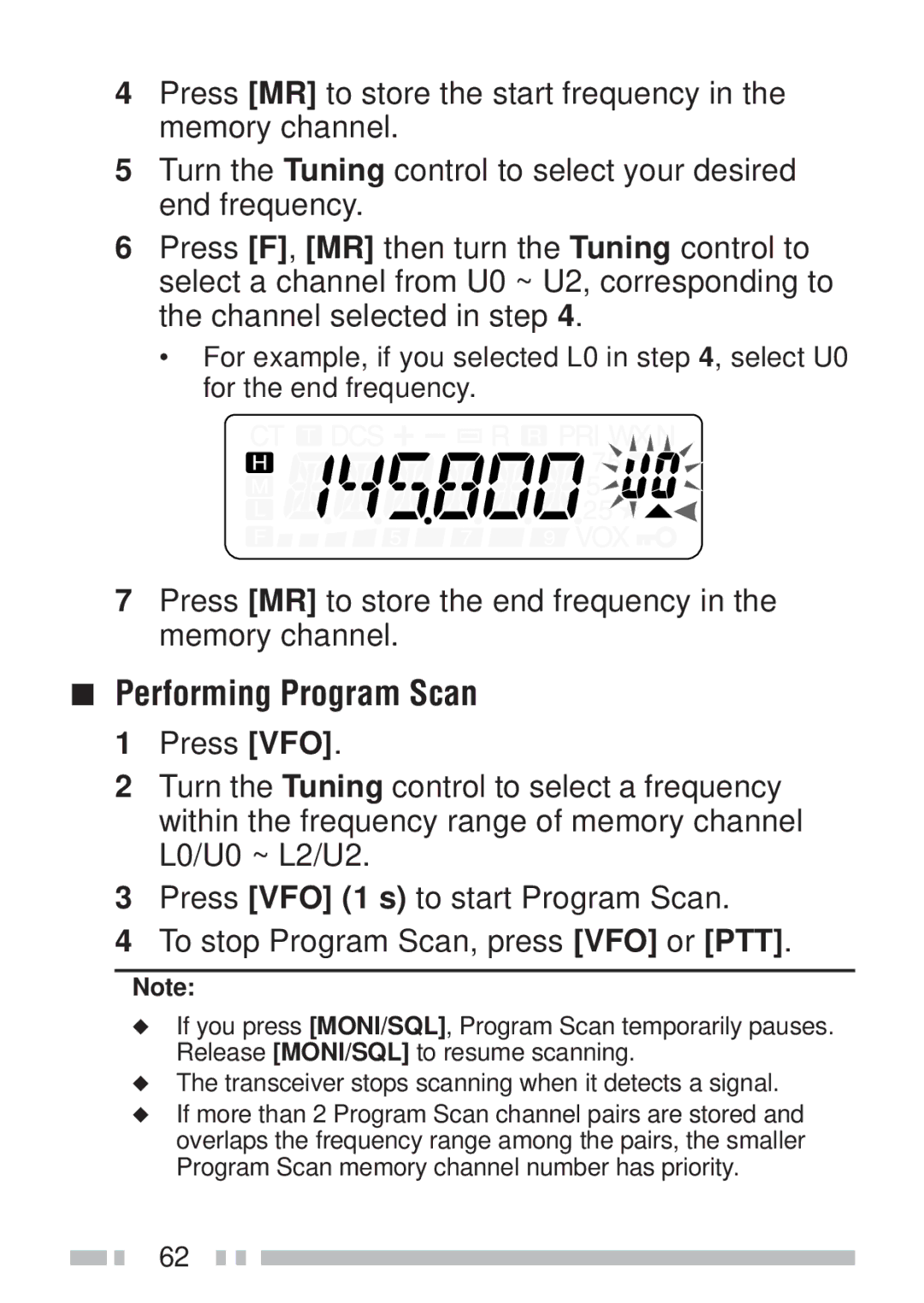 Kenwood TH-K4AT, TH-KAE, TH-K2ET, TH-K2AT Performing Program Scan, Press MR to store the end frequency in the memory channel 