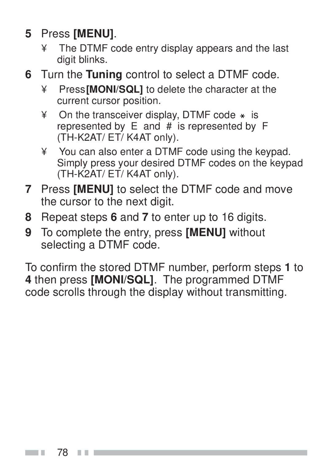 Kenwood TH-K2ET, TH-KAE, TH-K4AT, TH-K2AT instruction manual Press Menu, Turn the Tuning control to select a Dtmf code 