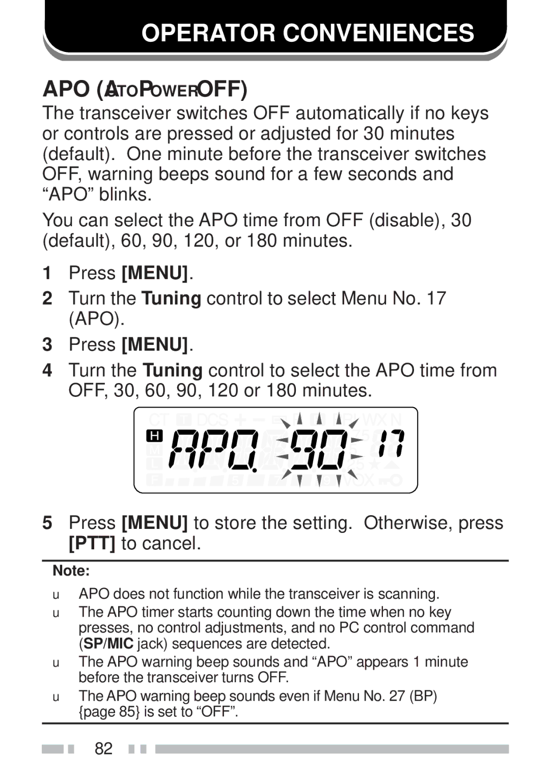 Kenwood TH-K4AT, TH-KAE, TH-K2ET, TH-K2AT instruction manual Operator Conveniences, APO Auto Power OFF 