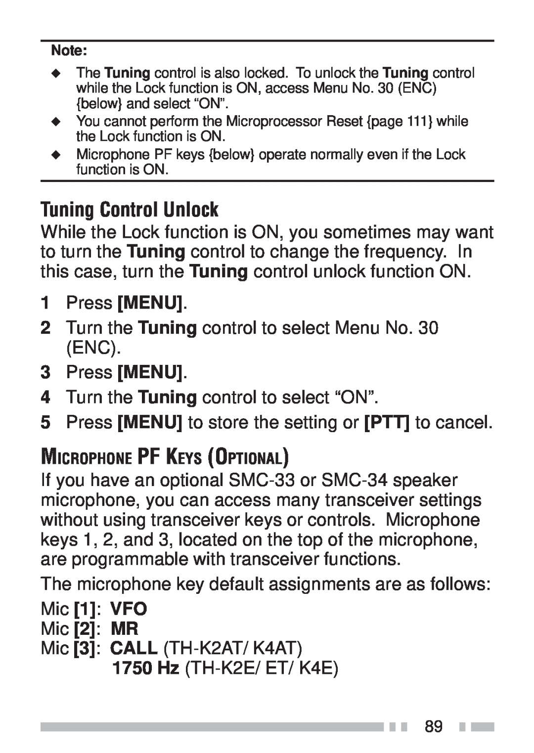 Kenwood TH-K2AT, TH-KAE, TH-K4AT, TH-K2ET instruction manual Tuning Control Unlock 